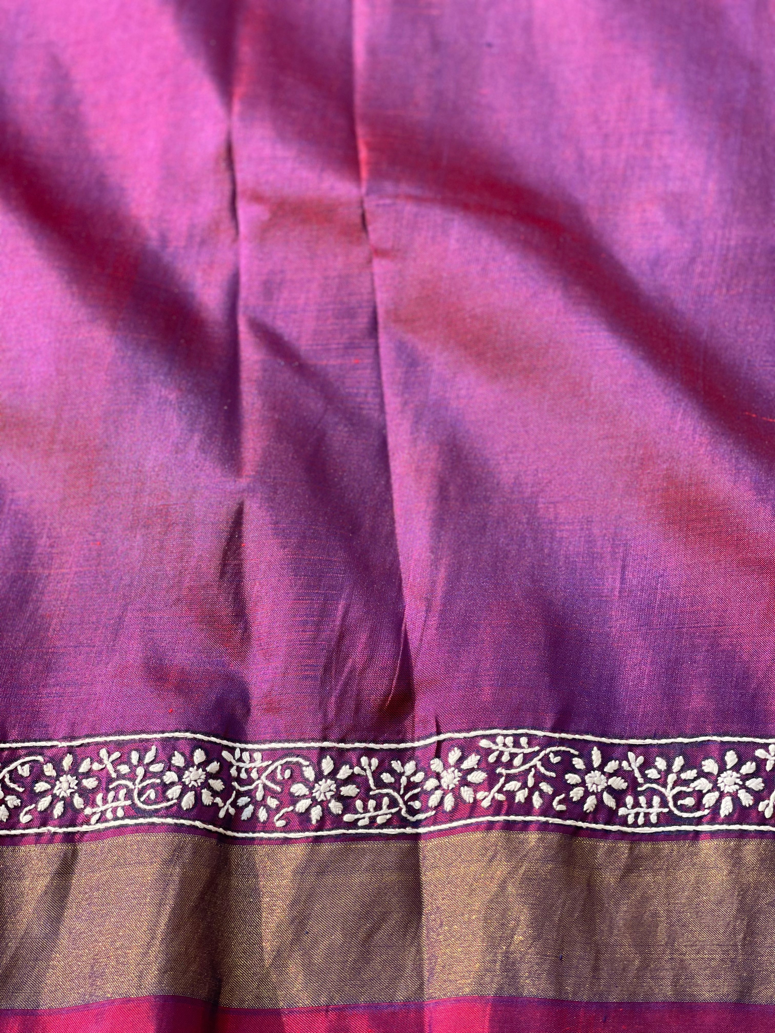 Hand knotted Rai Bhadhej with chikankari work on Tie Dyed ikkat silk saree