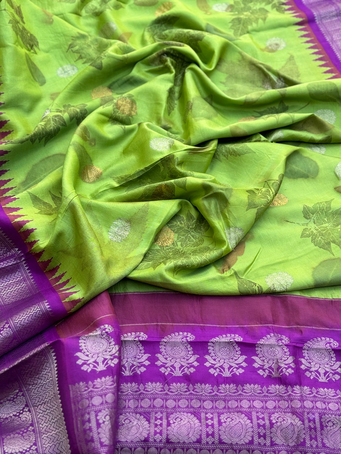 A limegreen with purple Natural Handmade Ecoprints Gadwal silk saree