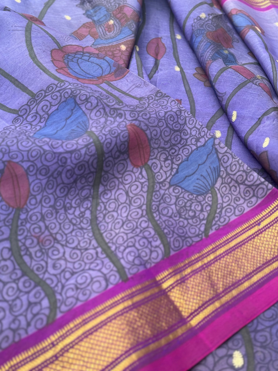 A lilac paithani silk saree handdrawn handpainted penkalamkari with mermaid concept