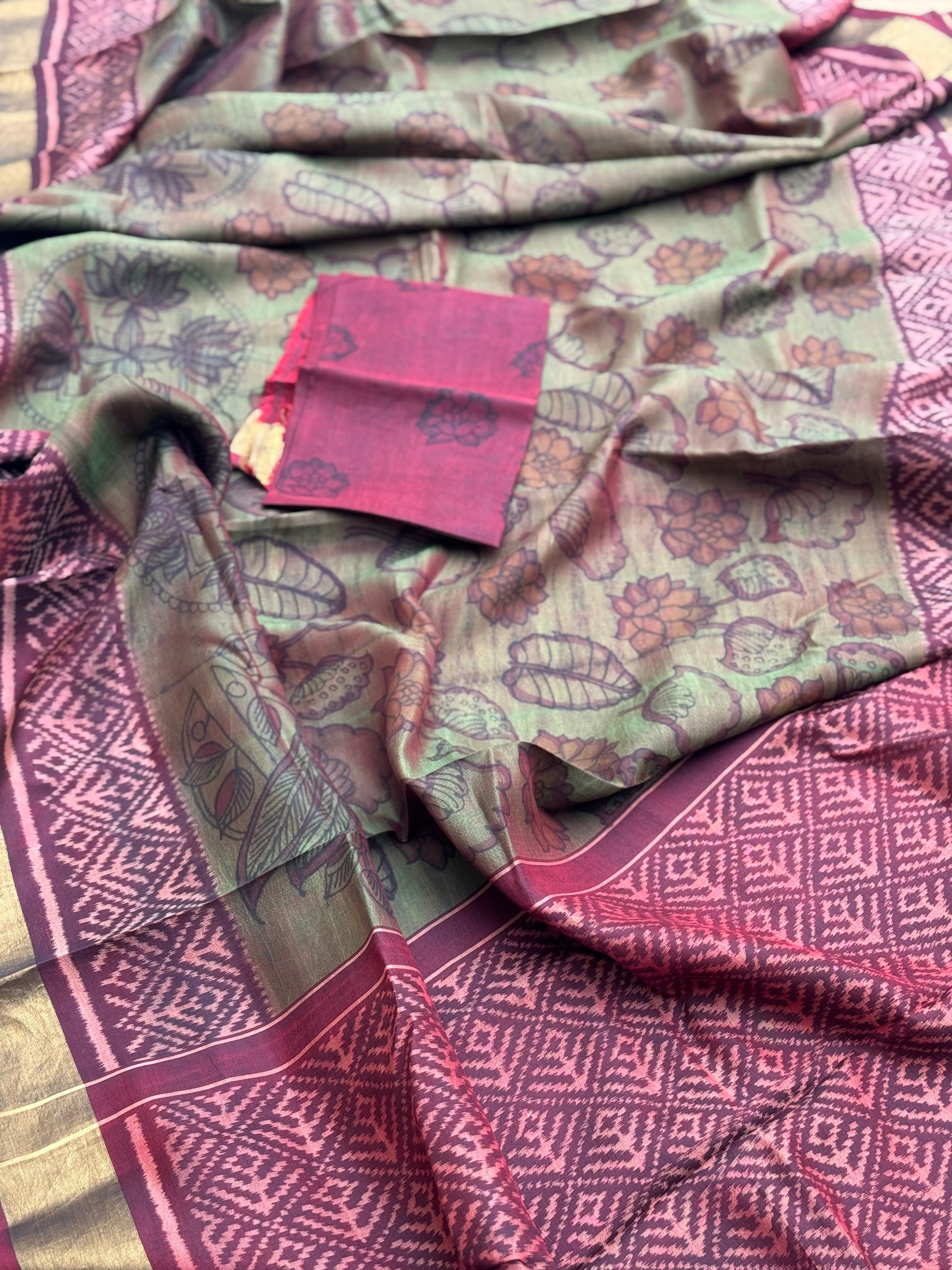 VRATHAPANI - patola ikkat silk saree with hand drawn and handpainted Penkanamkari