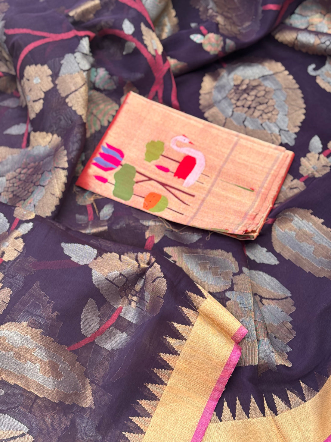 Handspun and handwoven ponduru Khadhi full jaal extra weft jamdani saree with silk zari border