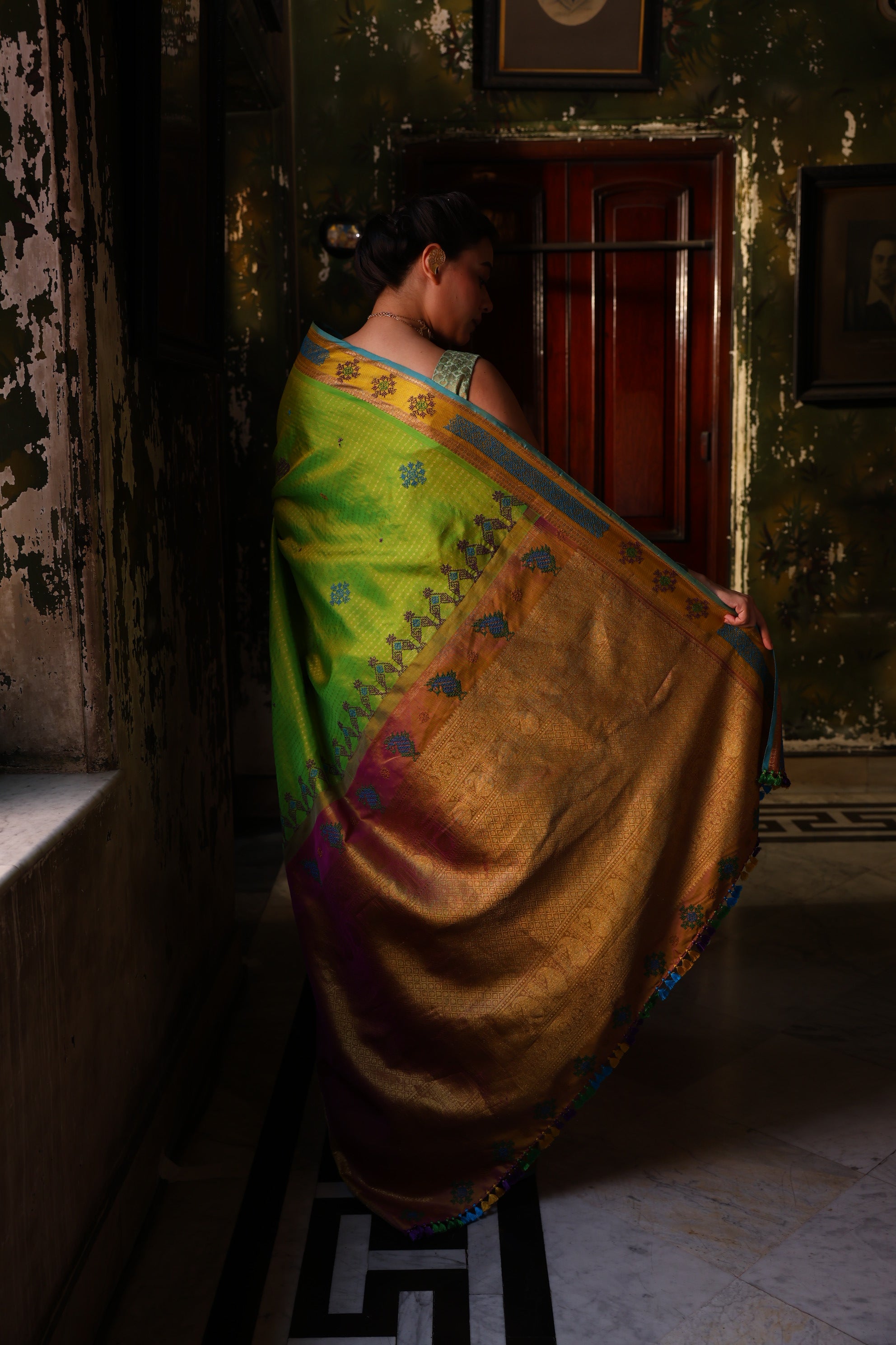 Reserved for suvasini - A Stunner lily green with blue shot Kasuti Hand embroidery work on Kanchiwaram silk saree