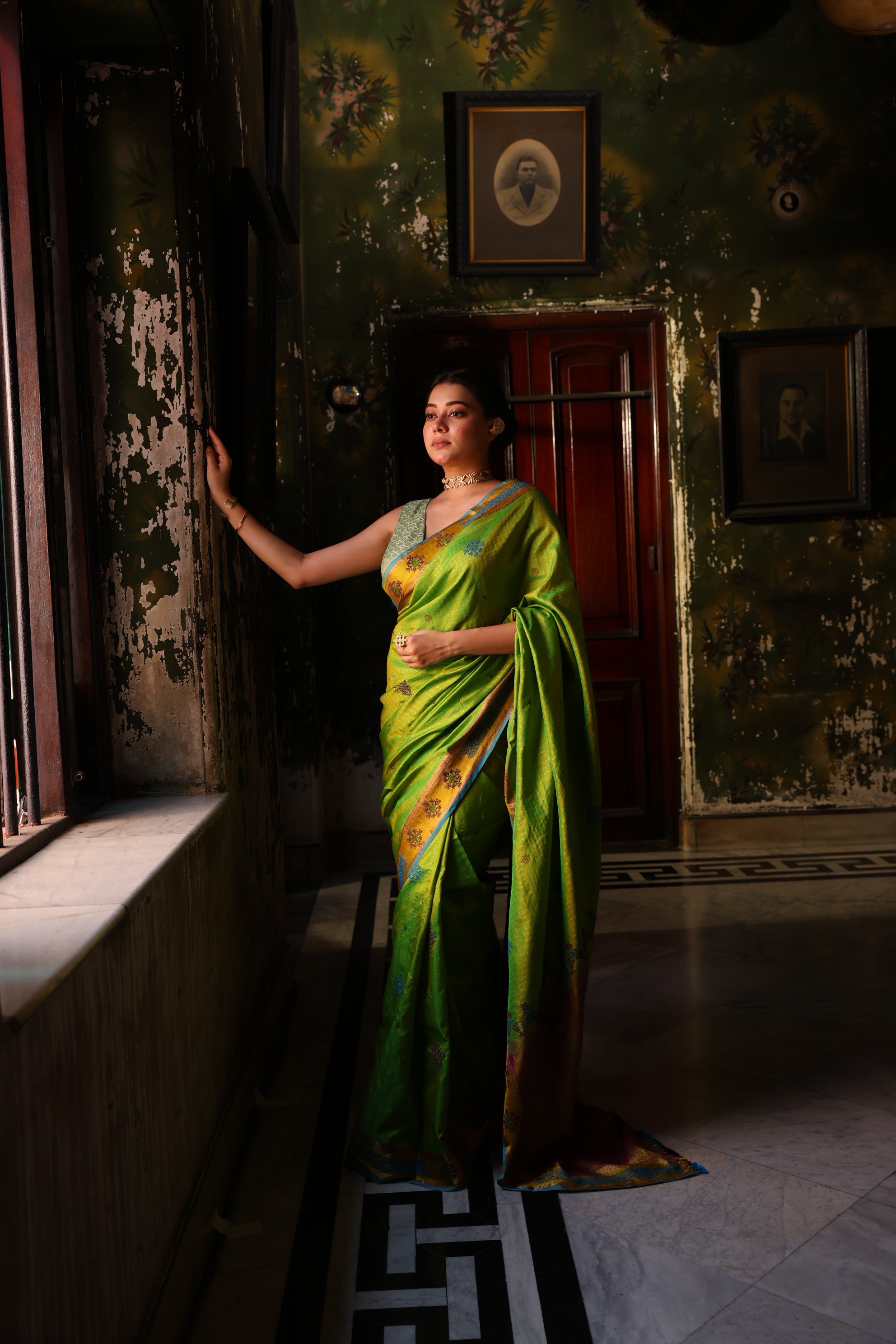 Reserved for suvasini - A Stunner lily green with blue shot Kasuti Hand embroidery work on Kanchiwaram silk saree
