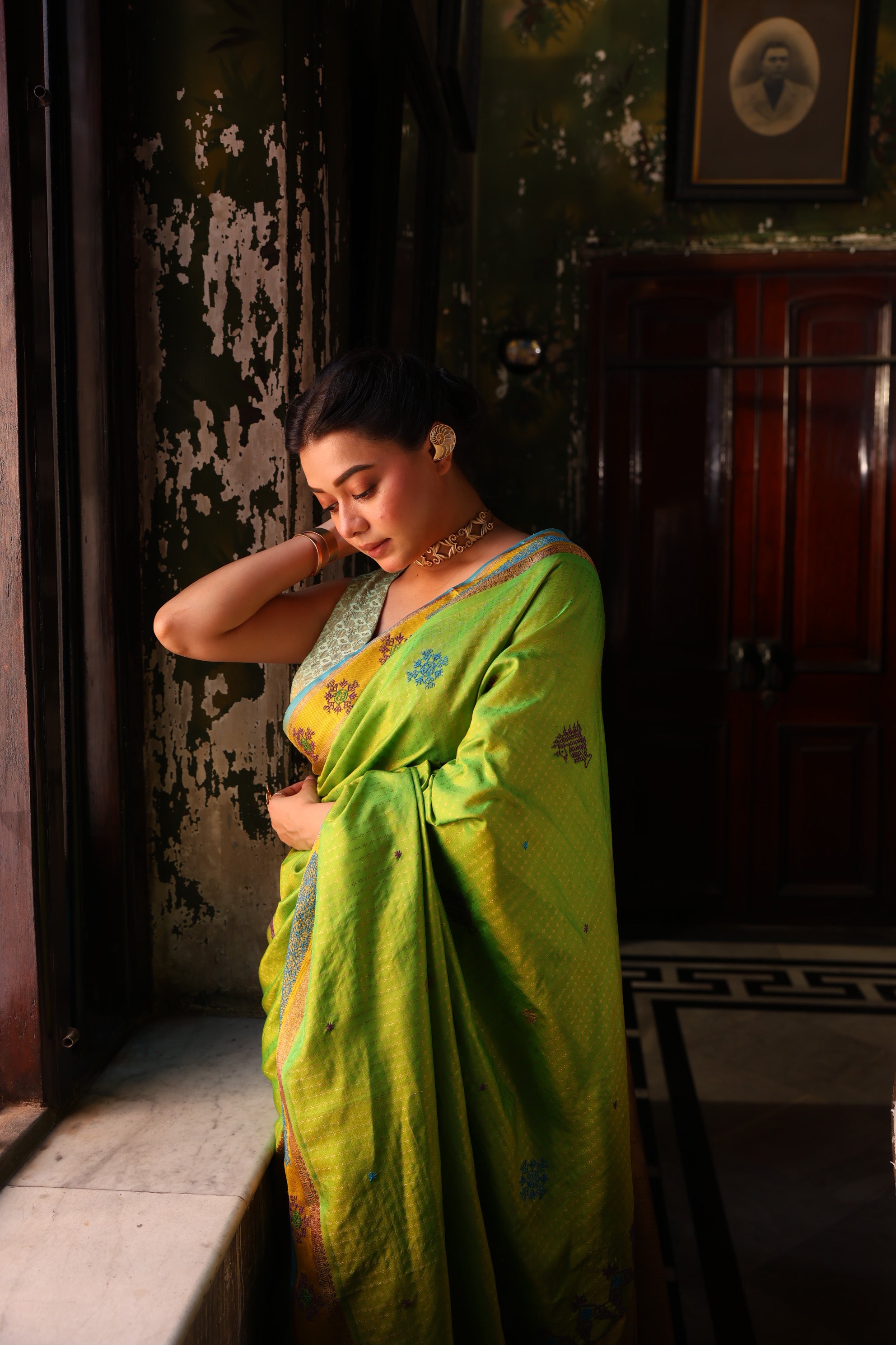 Reserved for suvasini - A Stunner lily green with blue shot Kasuti Hand embroidery work on Kanchiwaram silk saree