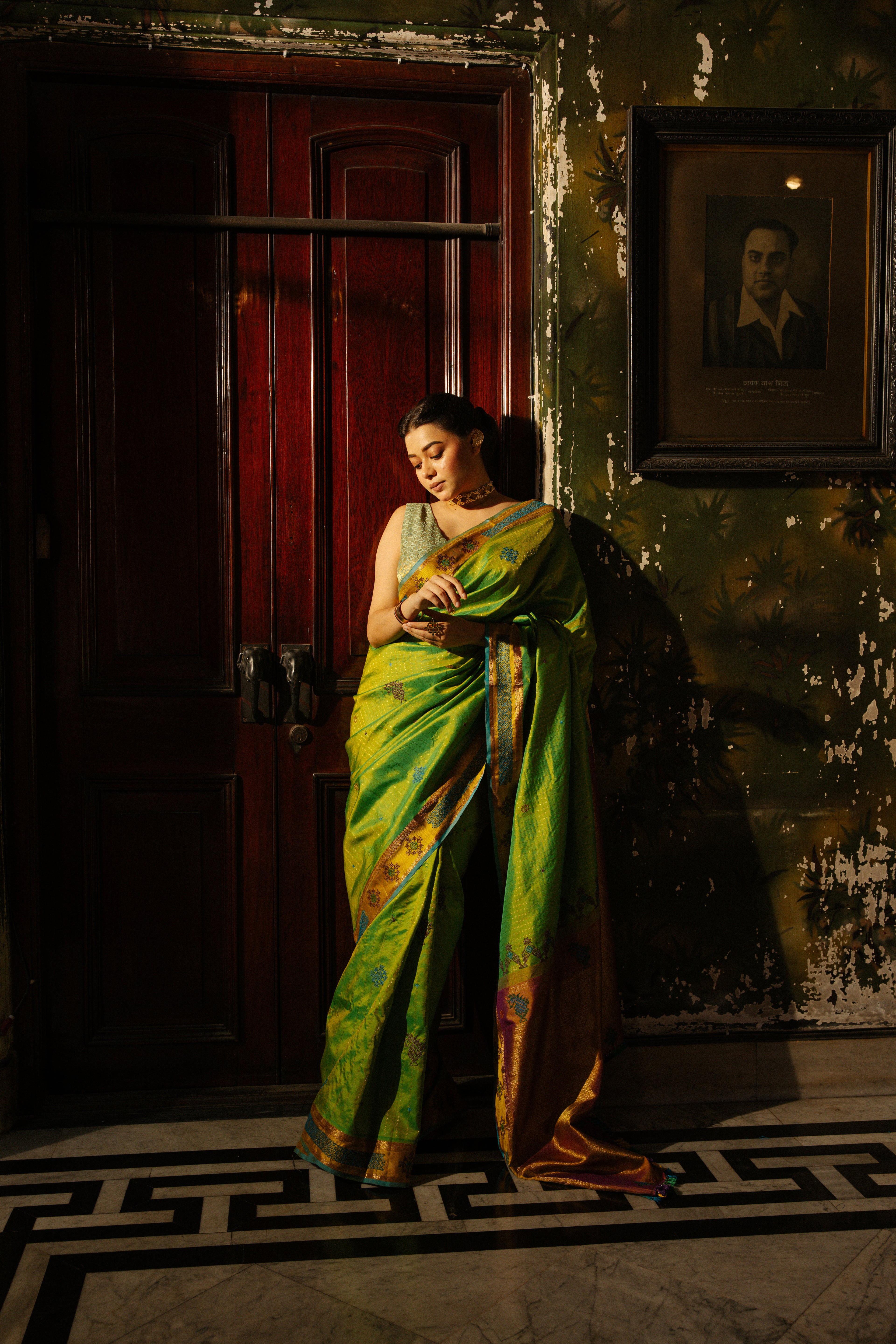 Reserved for suvasini - A Stunner lily green with blue shot Kasuti Hand embroidery work on Kanchiwaram silk saree
