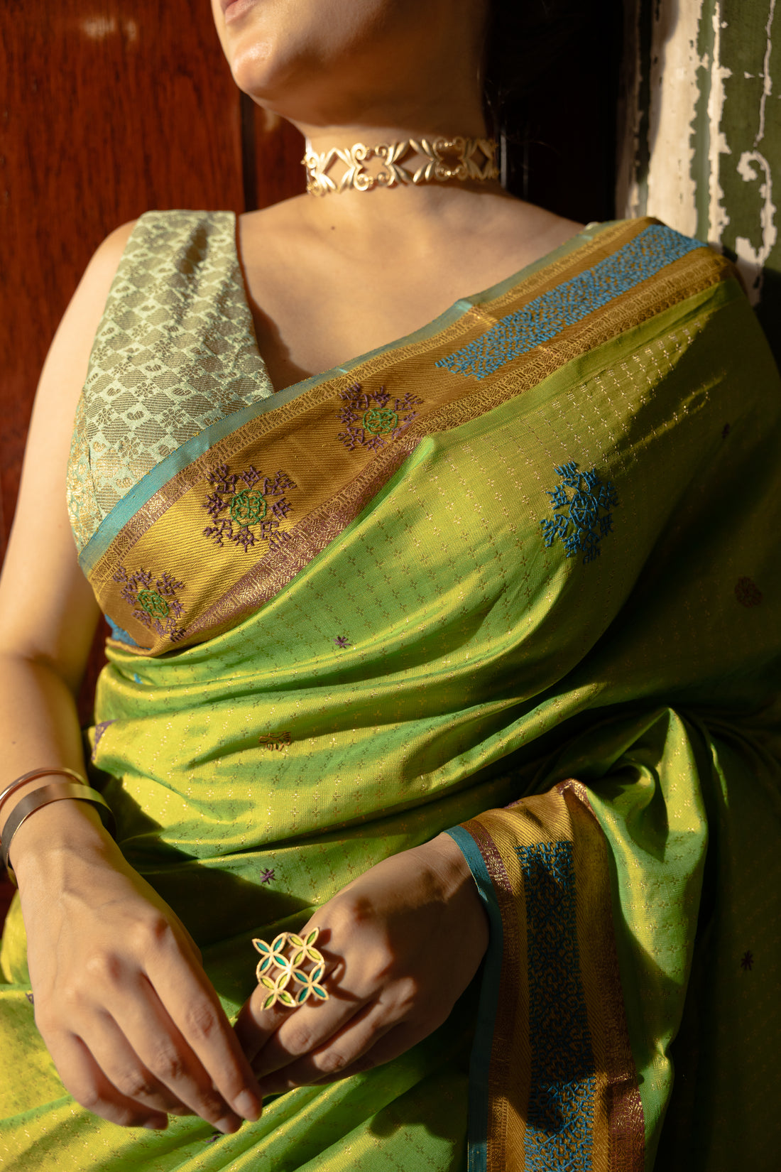 Reserved for suvasini - A Stunner lily green with blue shot Kasuti Hand embroidery work on Kanchiwaram silk saree