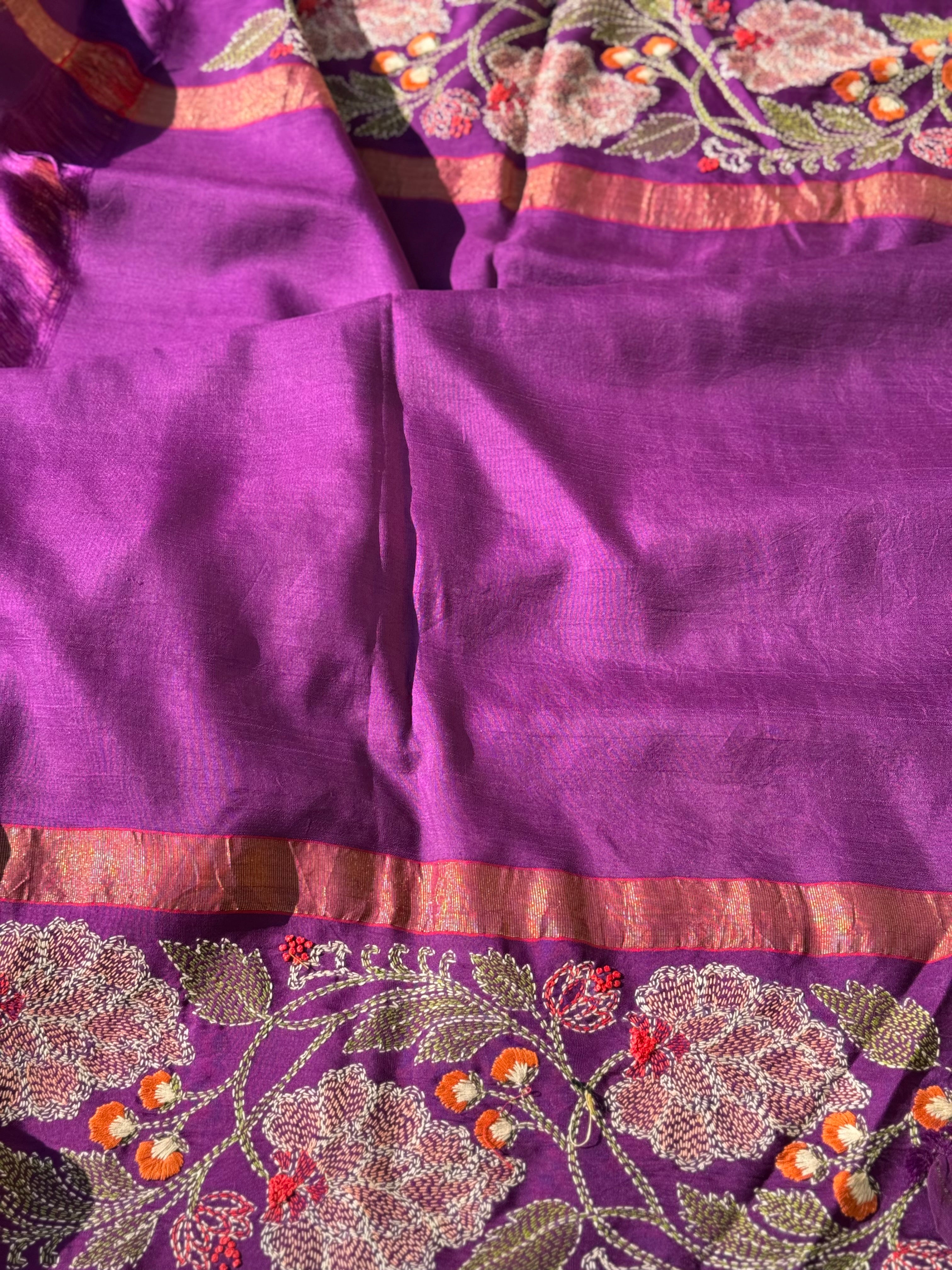A masterpiece Paimadi kanchivaram silk saree with miniature penkalamkari and Katha handembroidery work