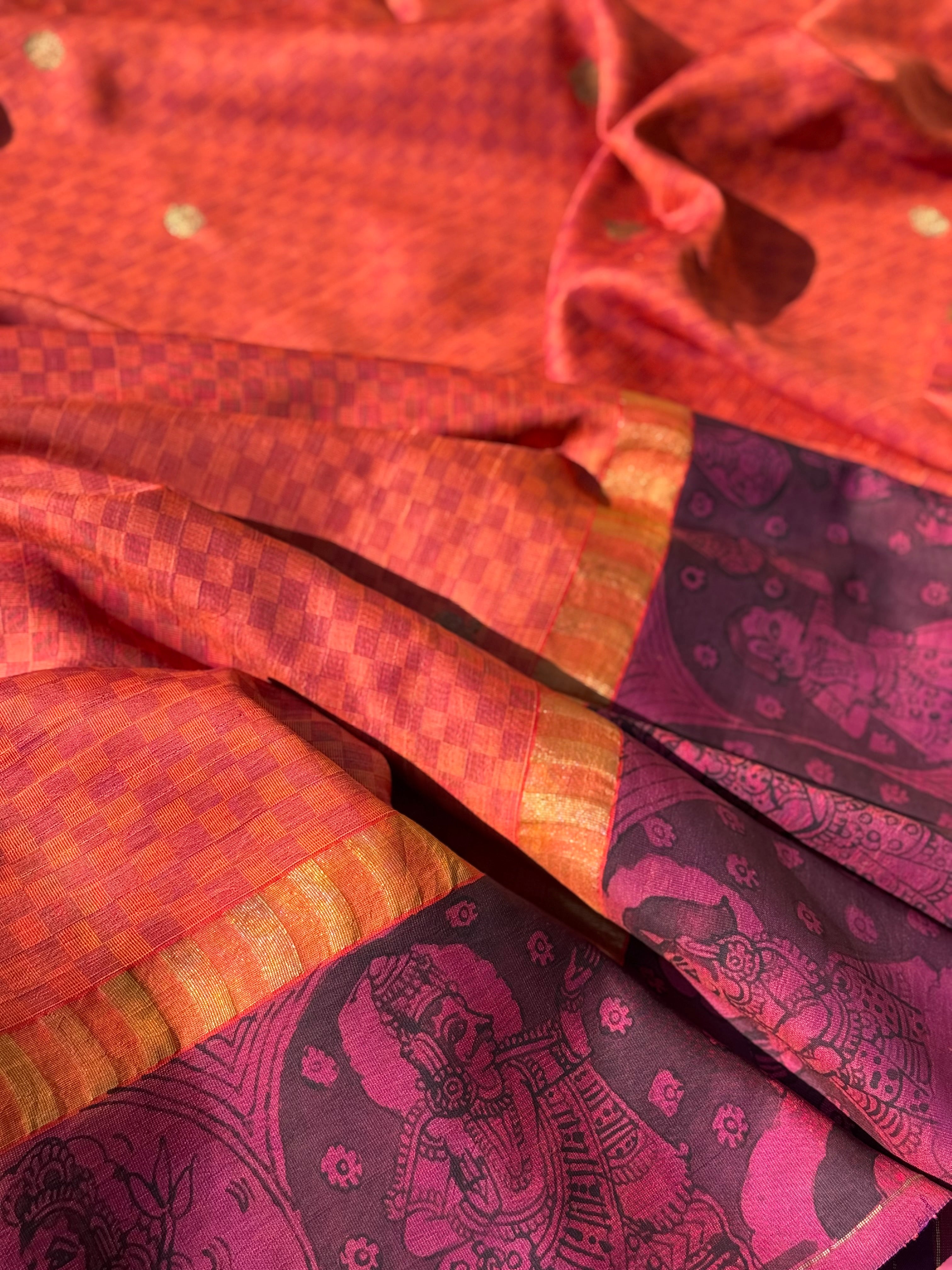 A masterpiece Paimadi kanchivaram silk saree with miniature penkalamkari and Katha handembroidery work
