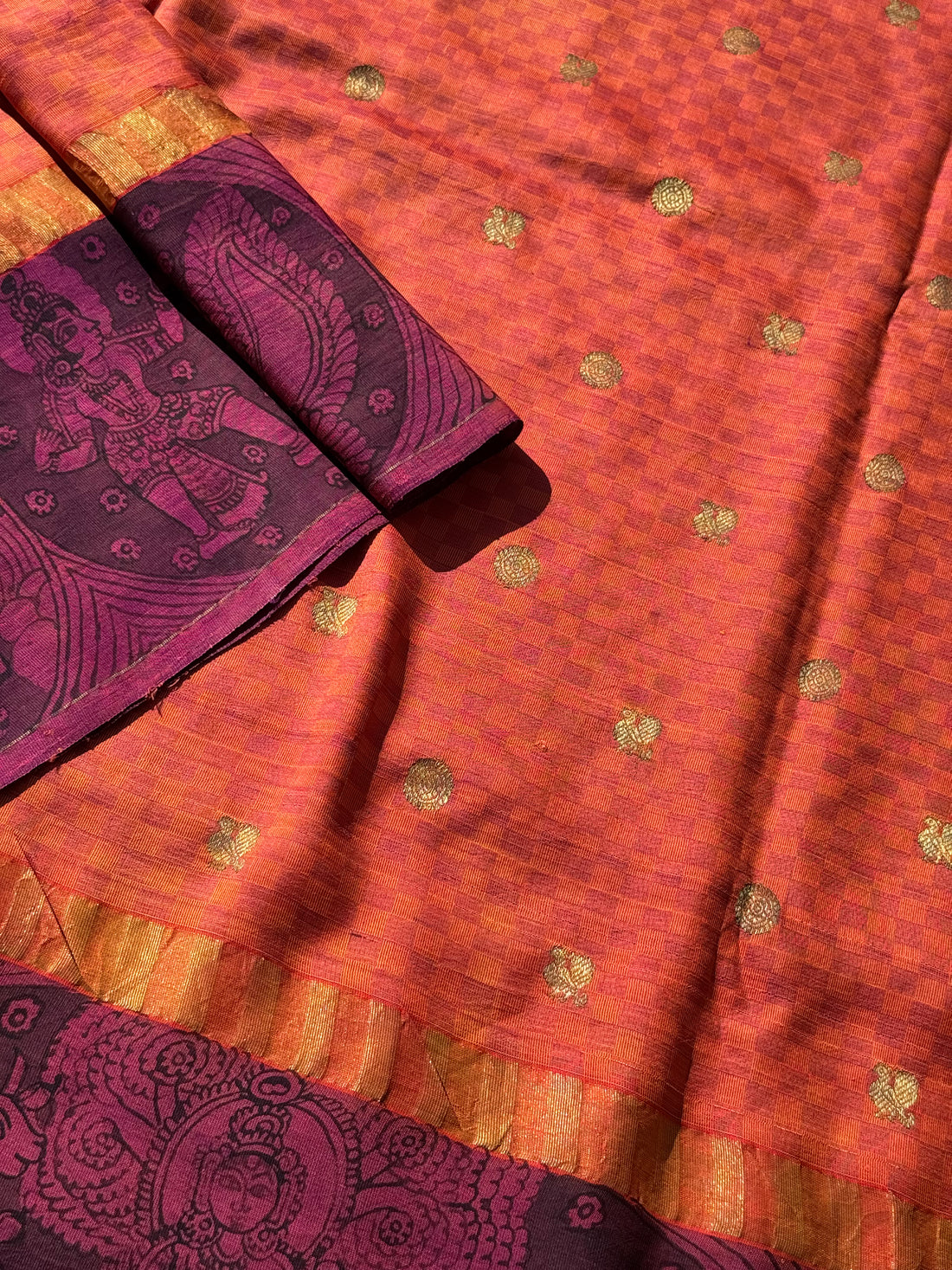 A masterpiece Paimadi kanchivaram silk saree with miniature penkalamkari and Katha handembroidery work