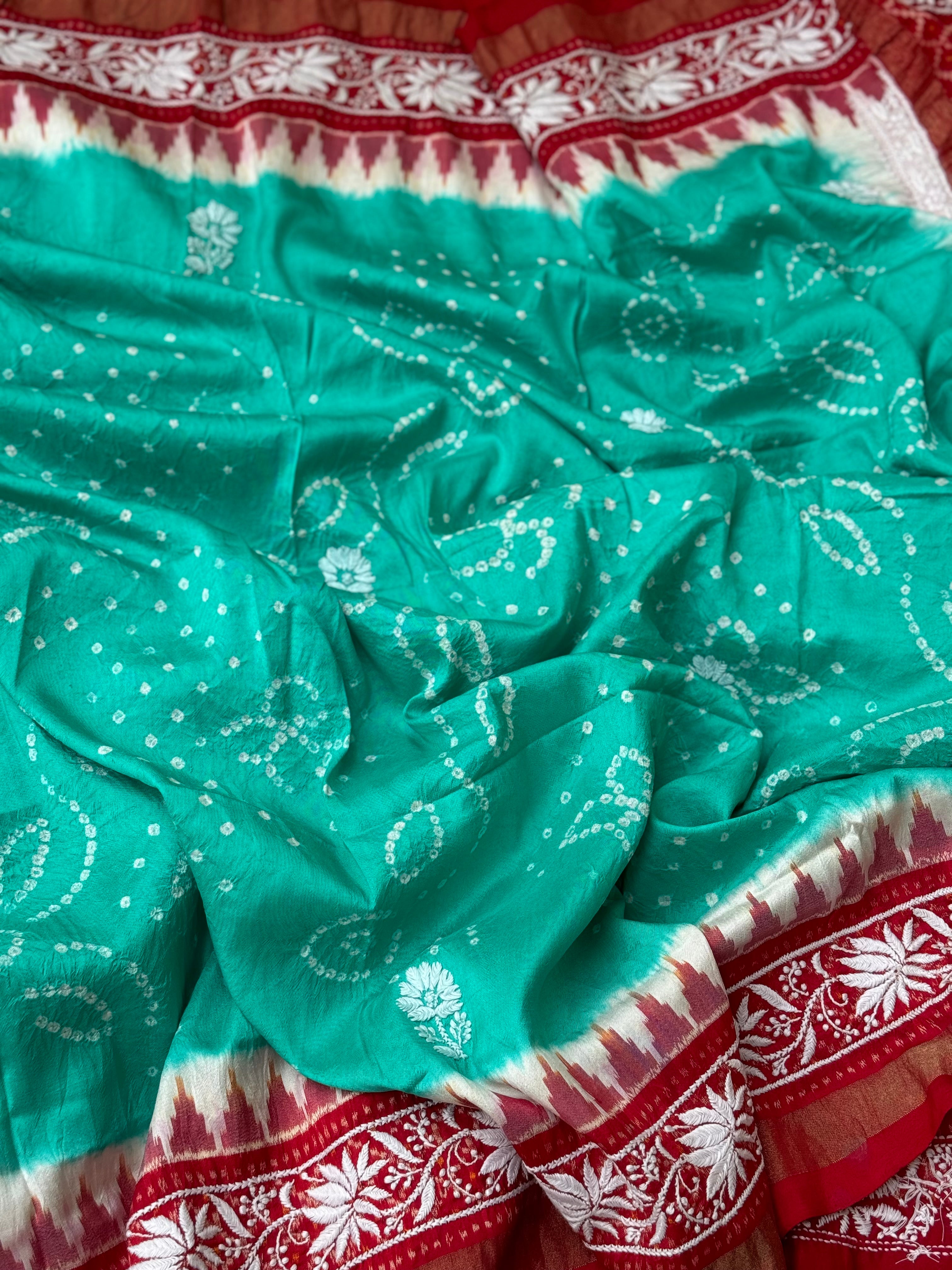 Fusion Rai Bhandej on ikkat silk with hand embroidery Chikankari work