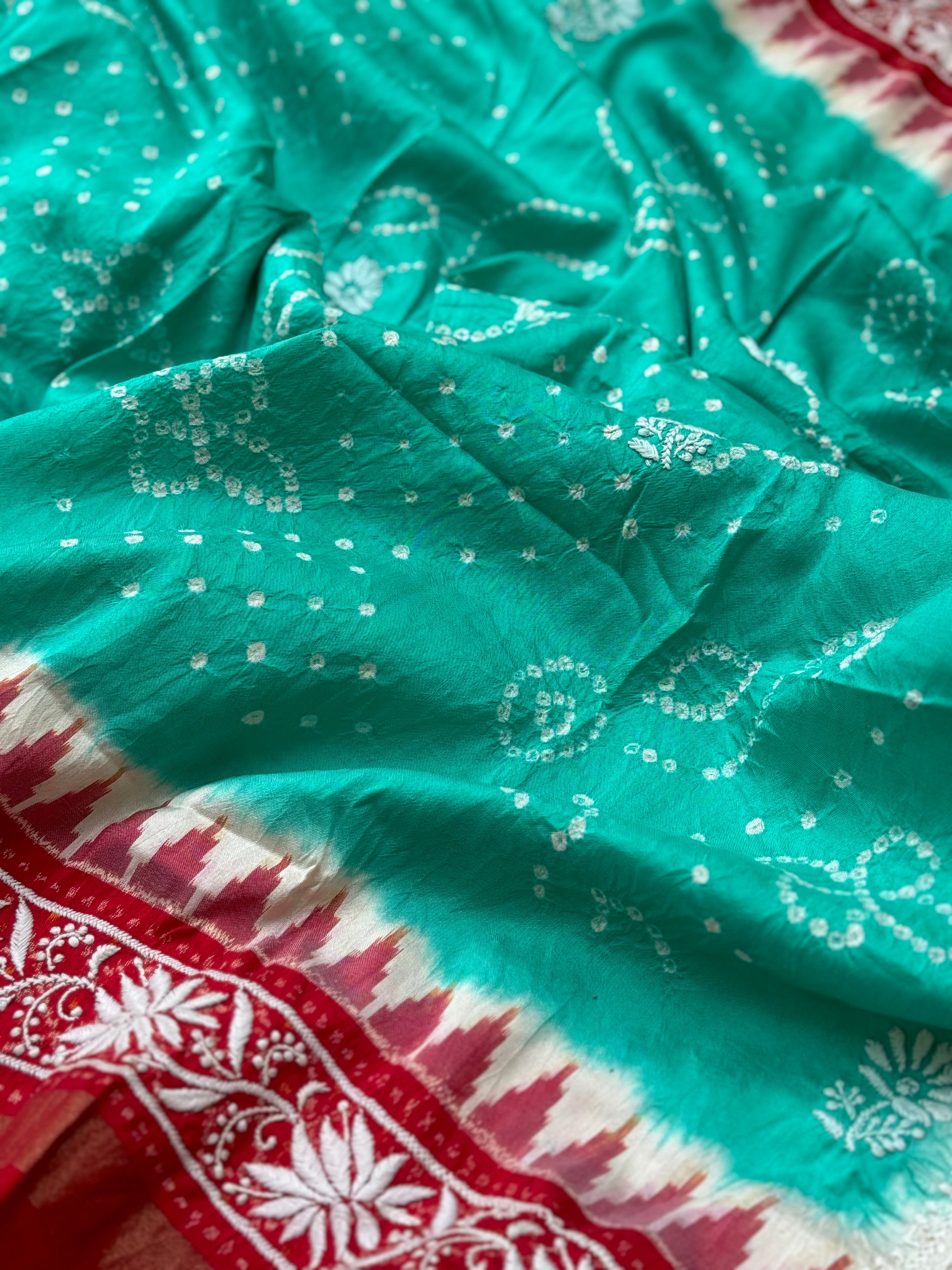Fusion Rai Bhandej on ikkat silk with hand embroidery Chikankari work