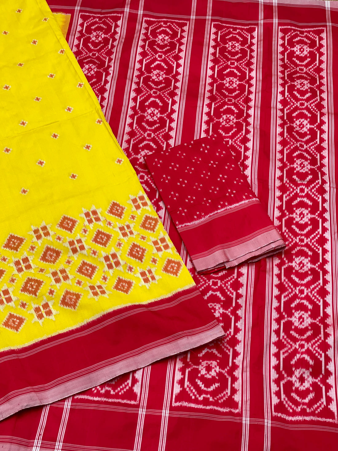 Yellow Red Telia Rumal Single Ikkat Saree