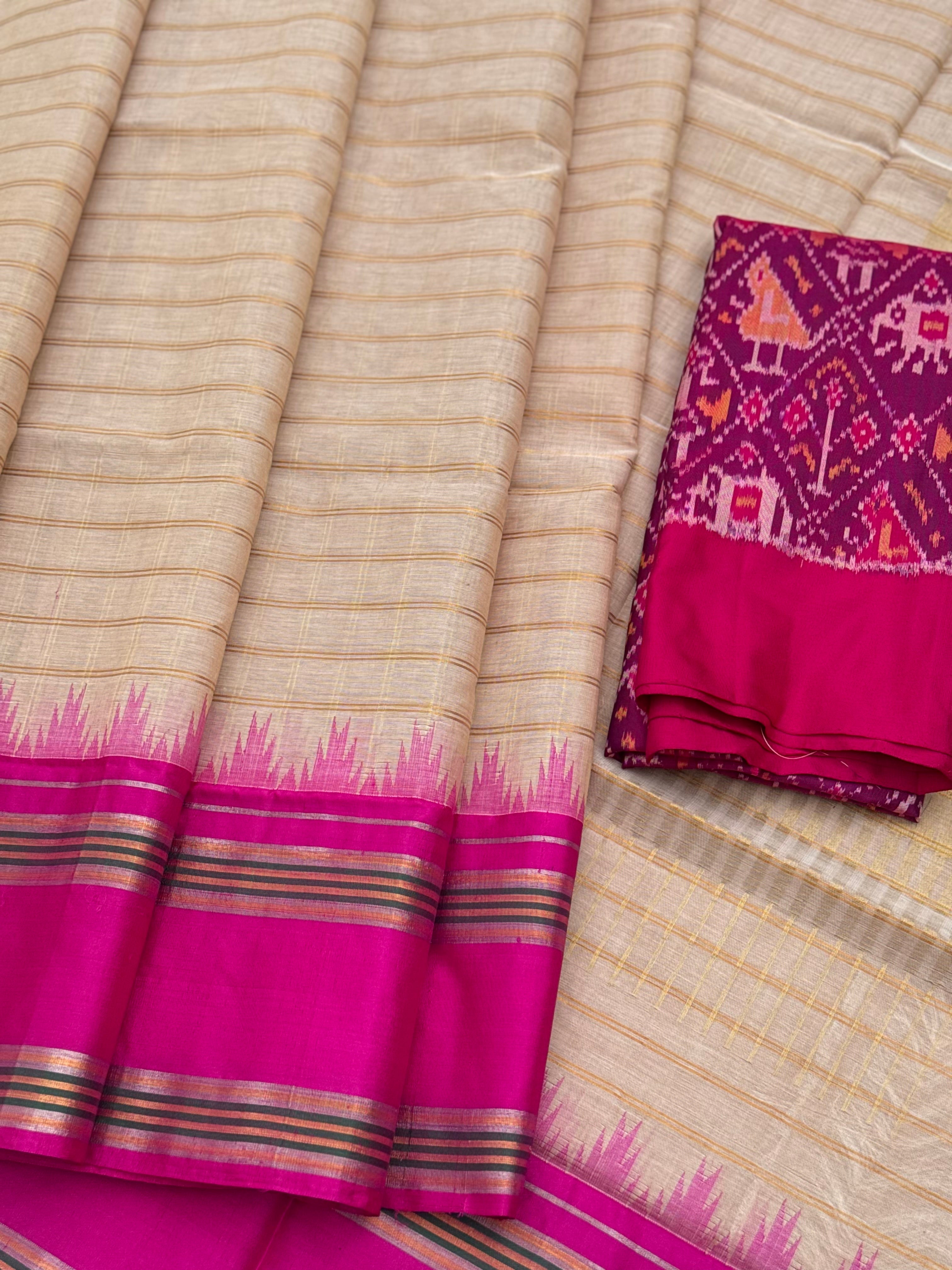 Handspun and handwoven ponduru Khadhi cotton saree with zari checks