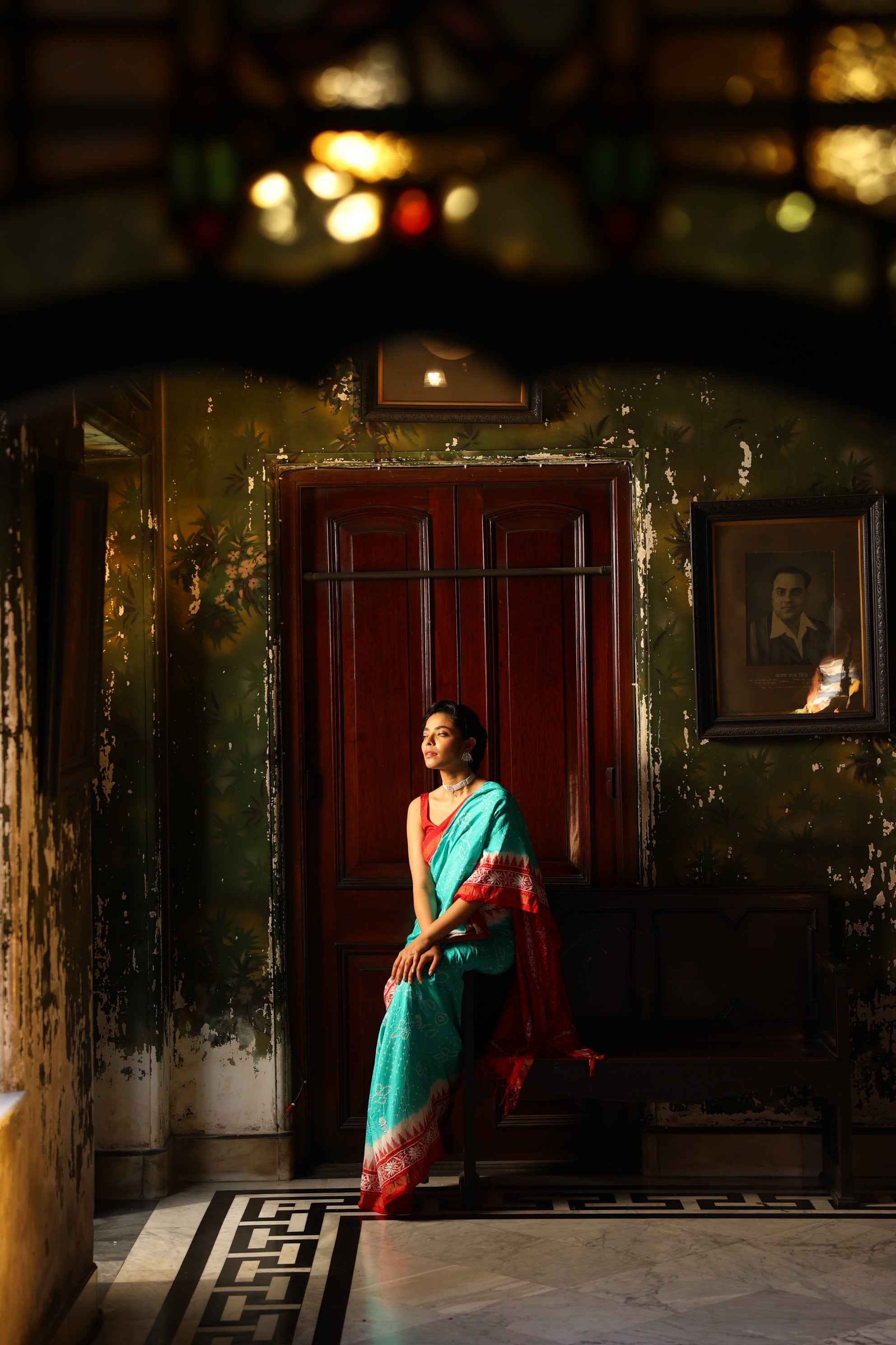 Fusion Rai Bhandej on ikkat silk with hand embroidery Chikankari work