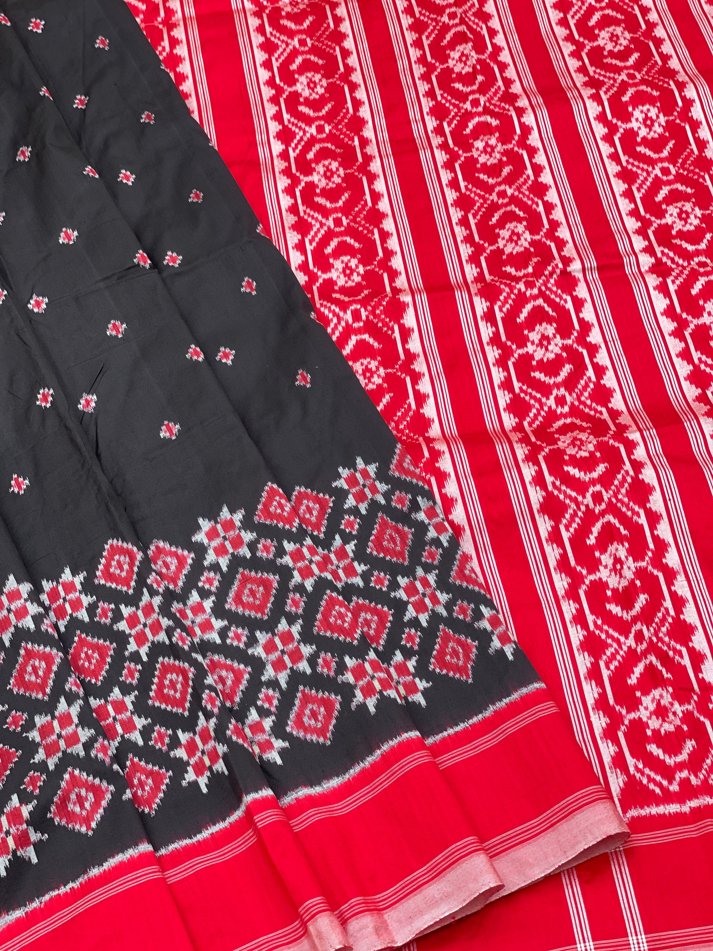 Red and Black Telia Rumal Single Ikkat Silk Saree