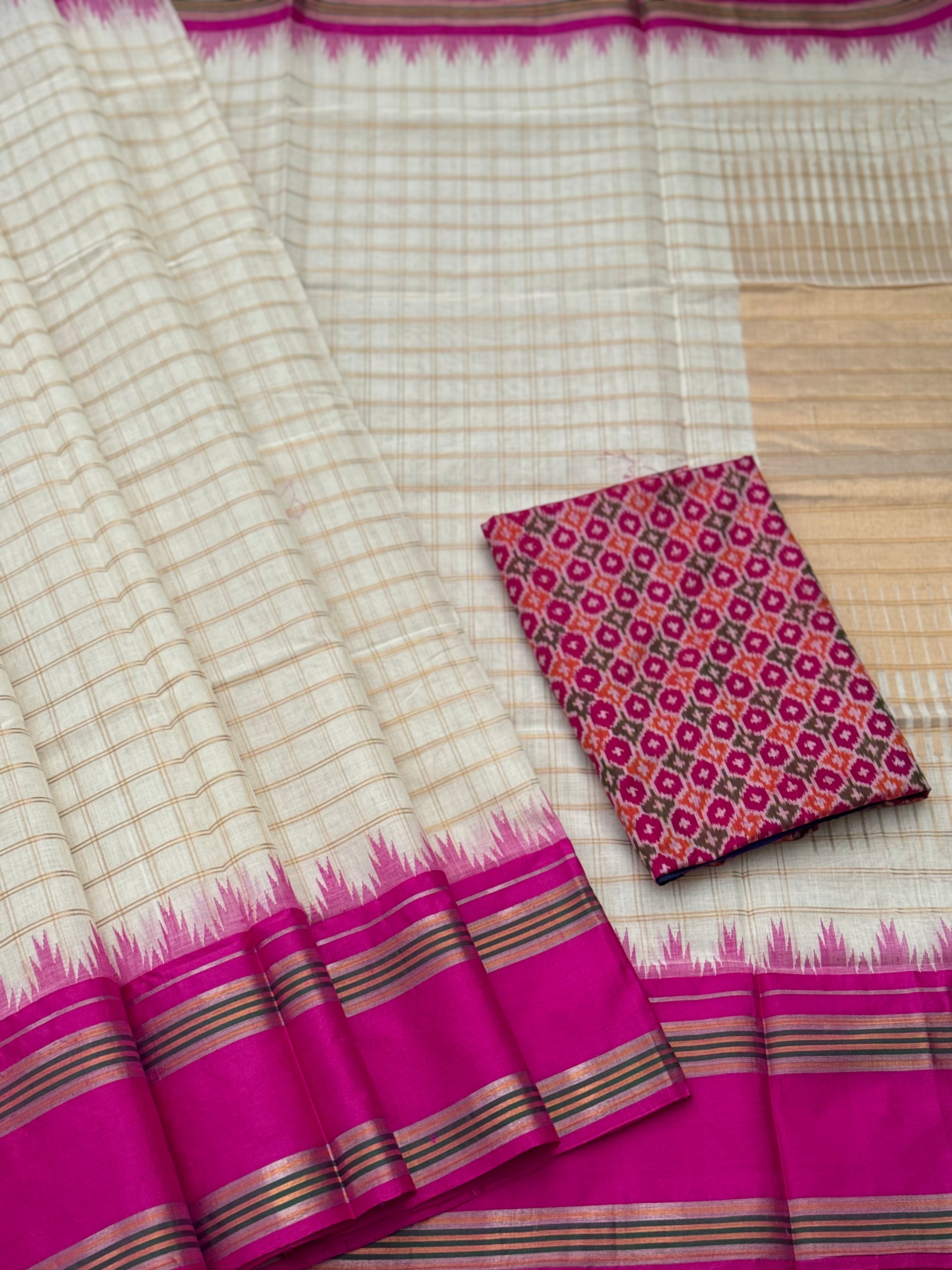 Handspun and handwoven ponduru Khadhi cotton saree with zari checks