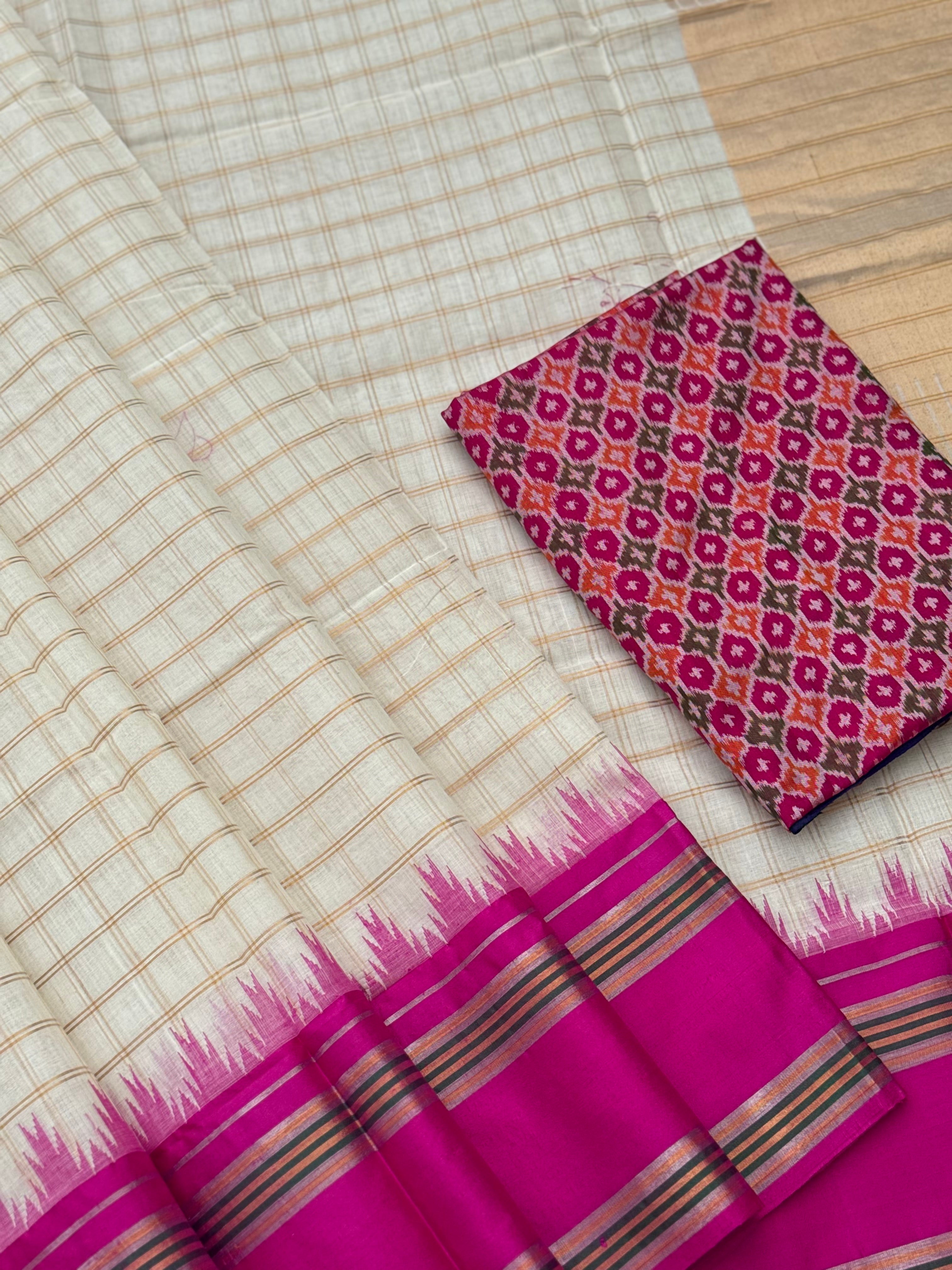 Handspun and handwoven ponduru Khadhi cotton saree with zari checks