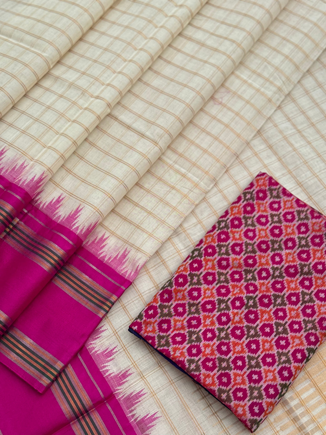 Handspun and handwoven ponduru Khadhi cotton saree with zari checks