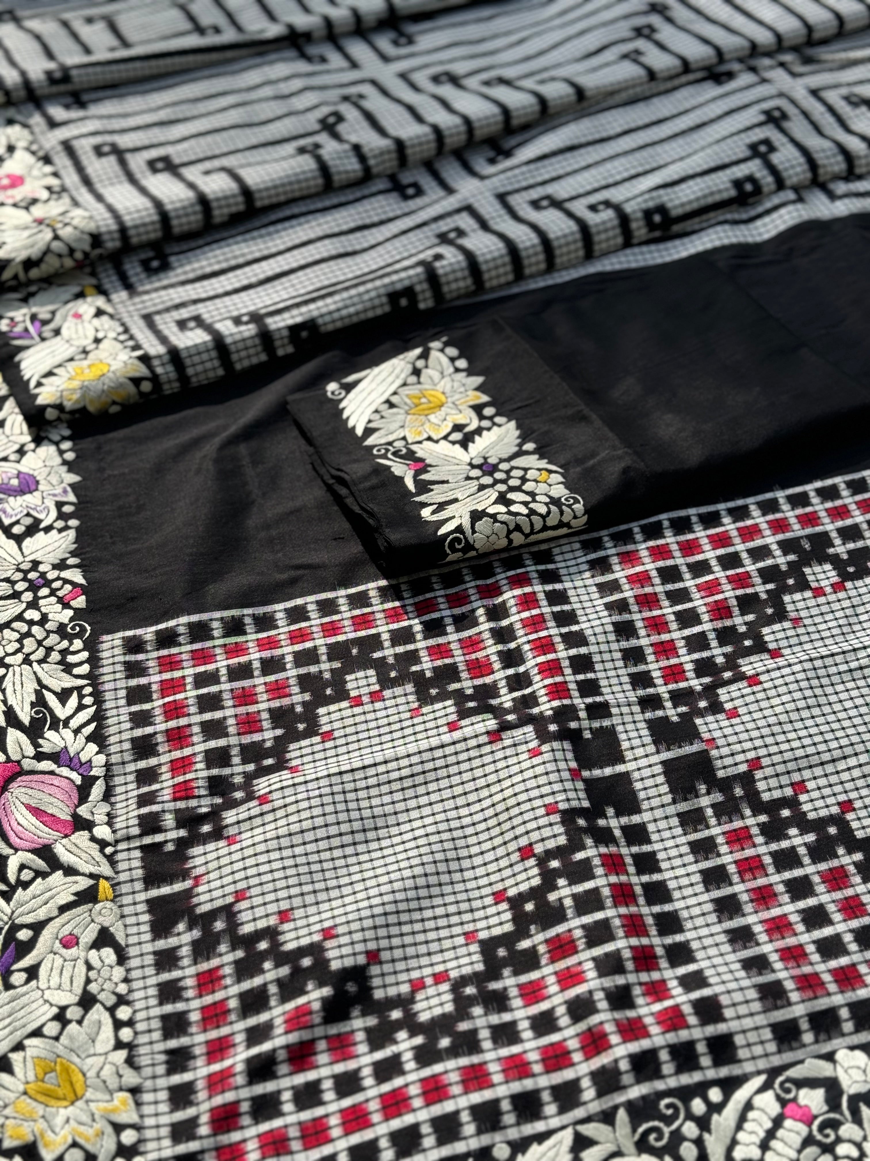 HandMade Parsi Gara Embroidery work on Double Ikkat premium exclusive mulberry silk saree