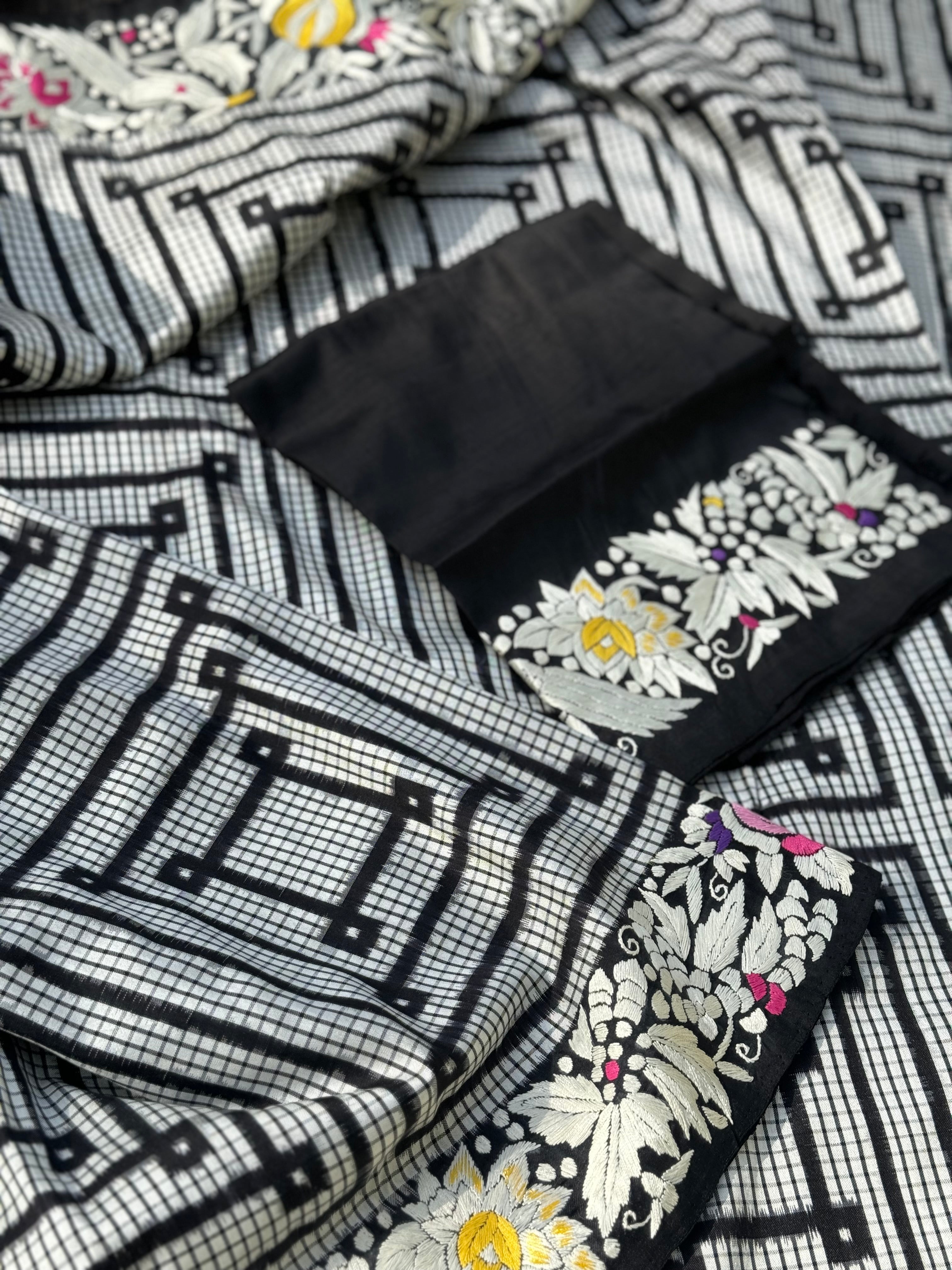 HandMade Parsi Gara Embroidery work on Double Ikkat premium exclusive mulberry silk saree