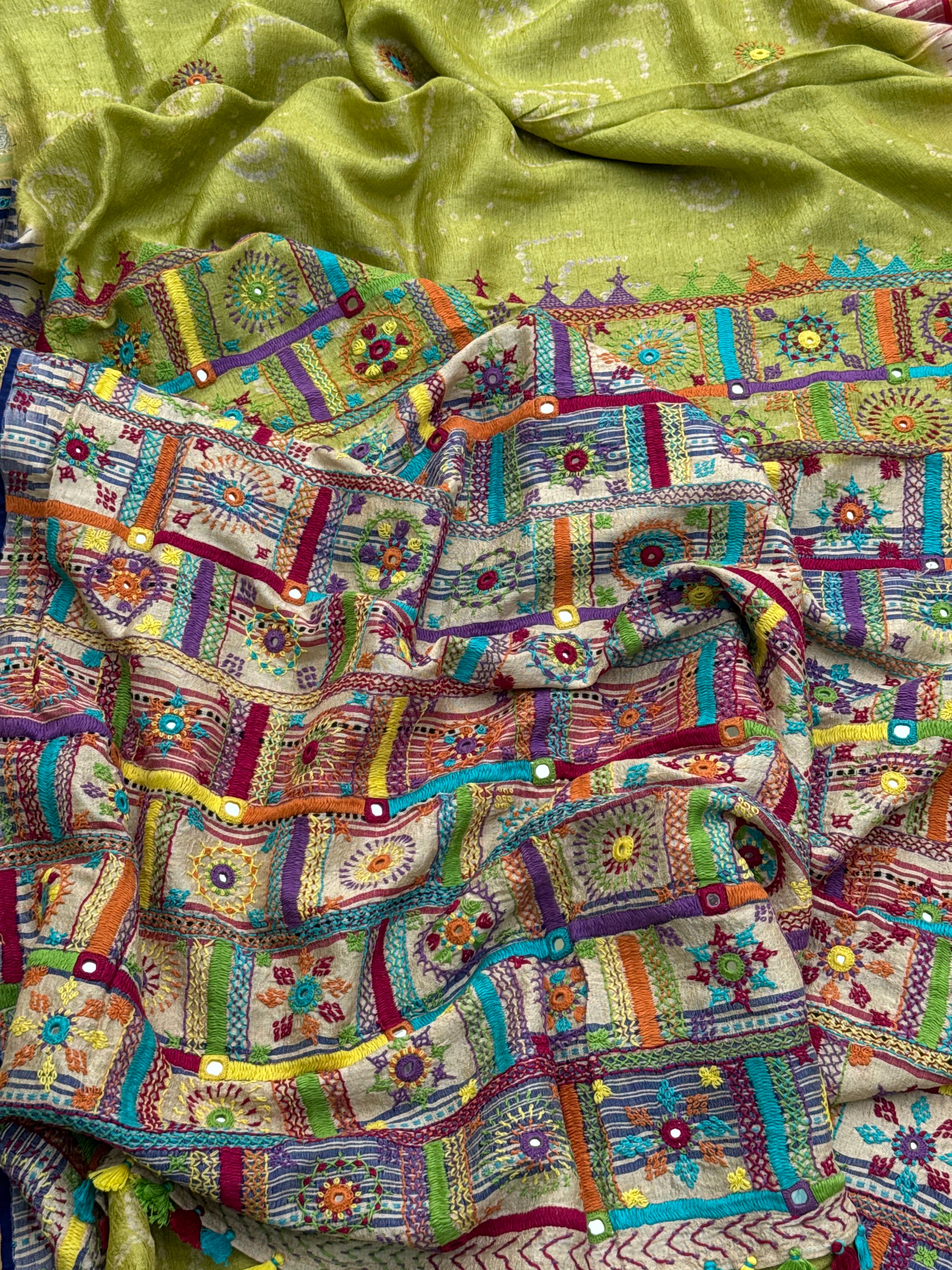 THARAGAI fusion work on handknotted bhandhej with handmade mirrorwork lambani tribal art on vidharbha tussar silk