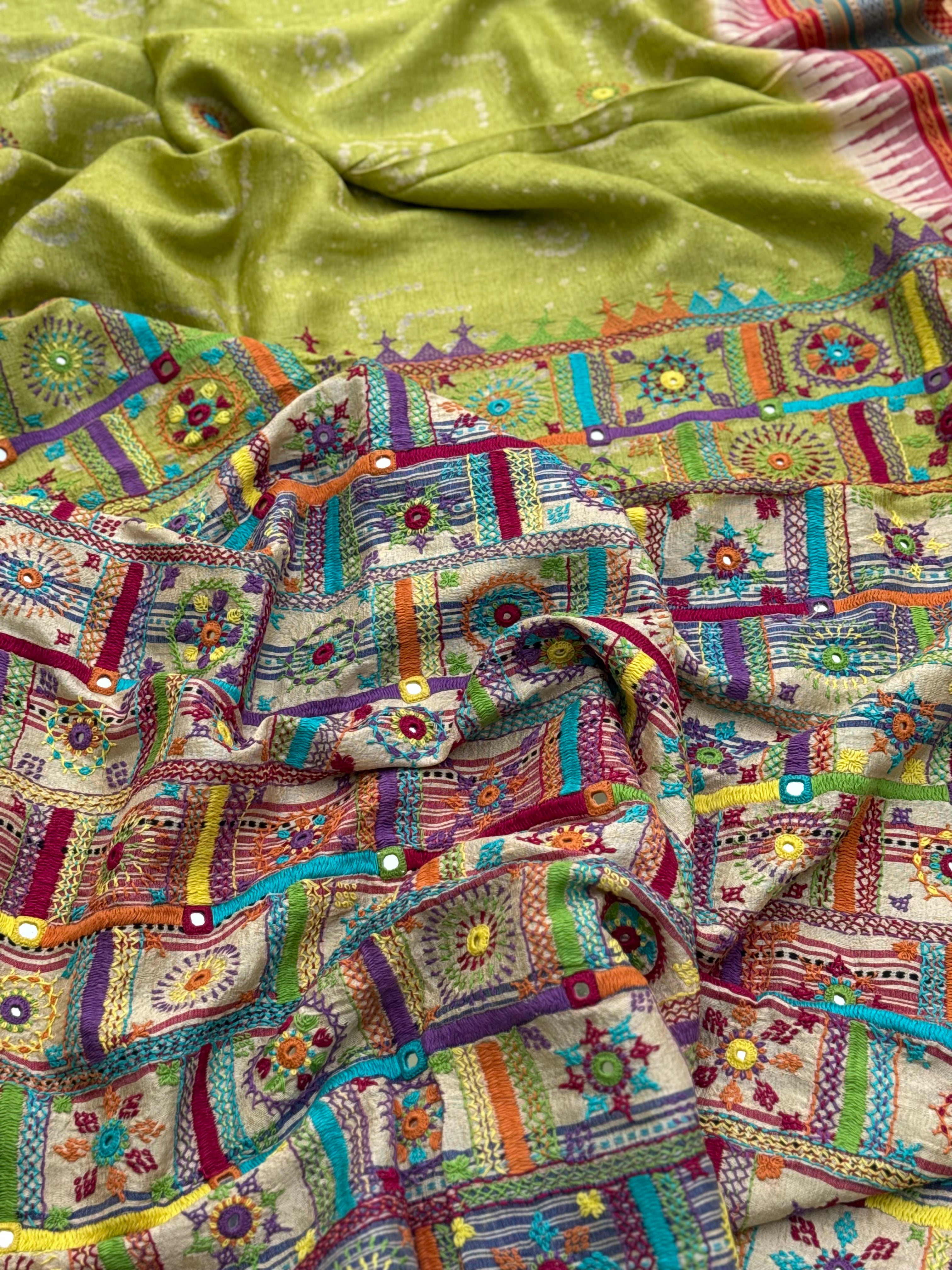 THARAGAI fusion work on handknotted bhandhej with handmade mirrorwork lambani tribal art on vidharbha tussar silk