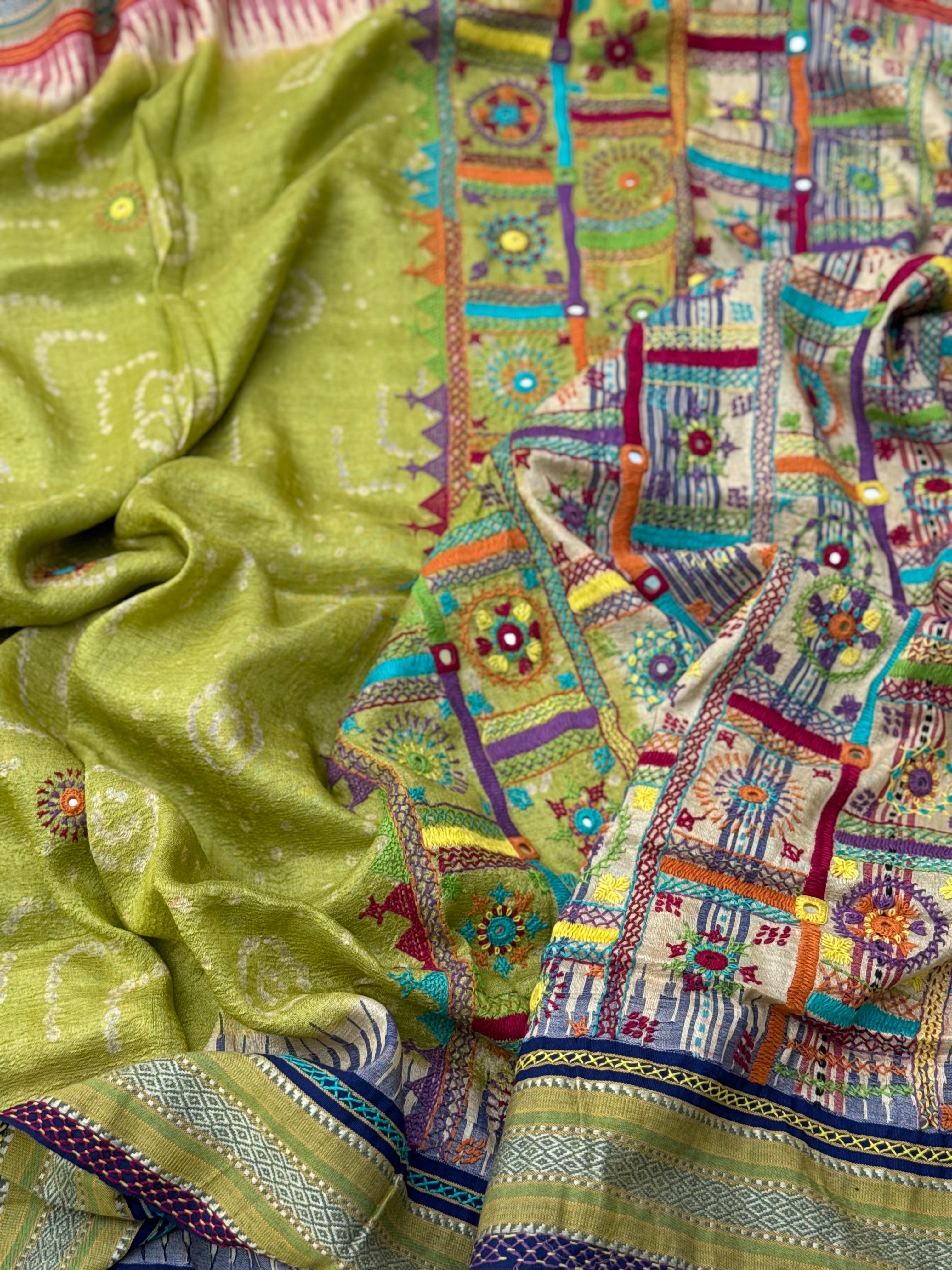 THARAGAI fusion work on handknotted bhandhej with handmade mirrorwork lambani tribal art on vidharbha tussar silk