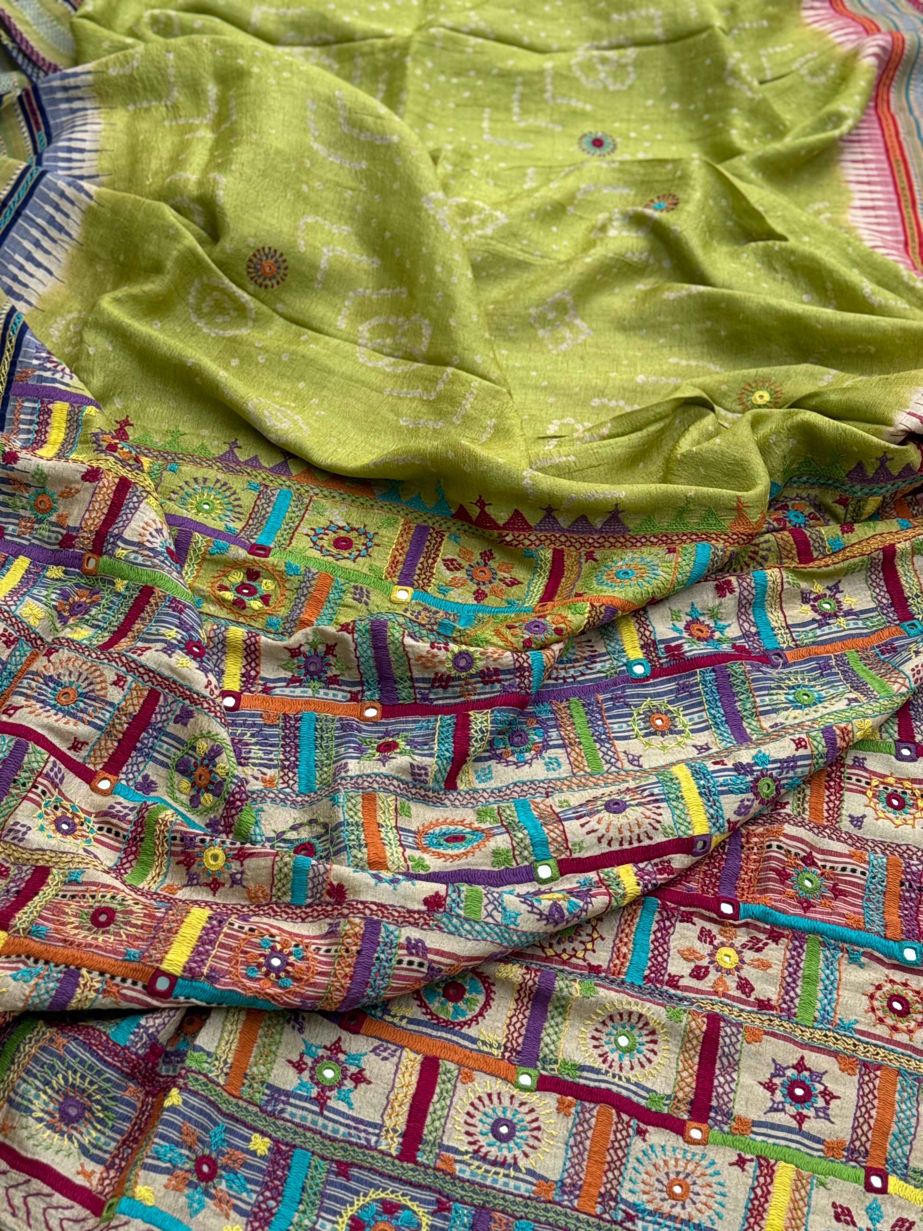 THARAGAI fusion work on handknotted bhandhej with handmade mirrorwork lambani tribal art on vidharbha tussar silk