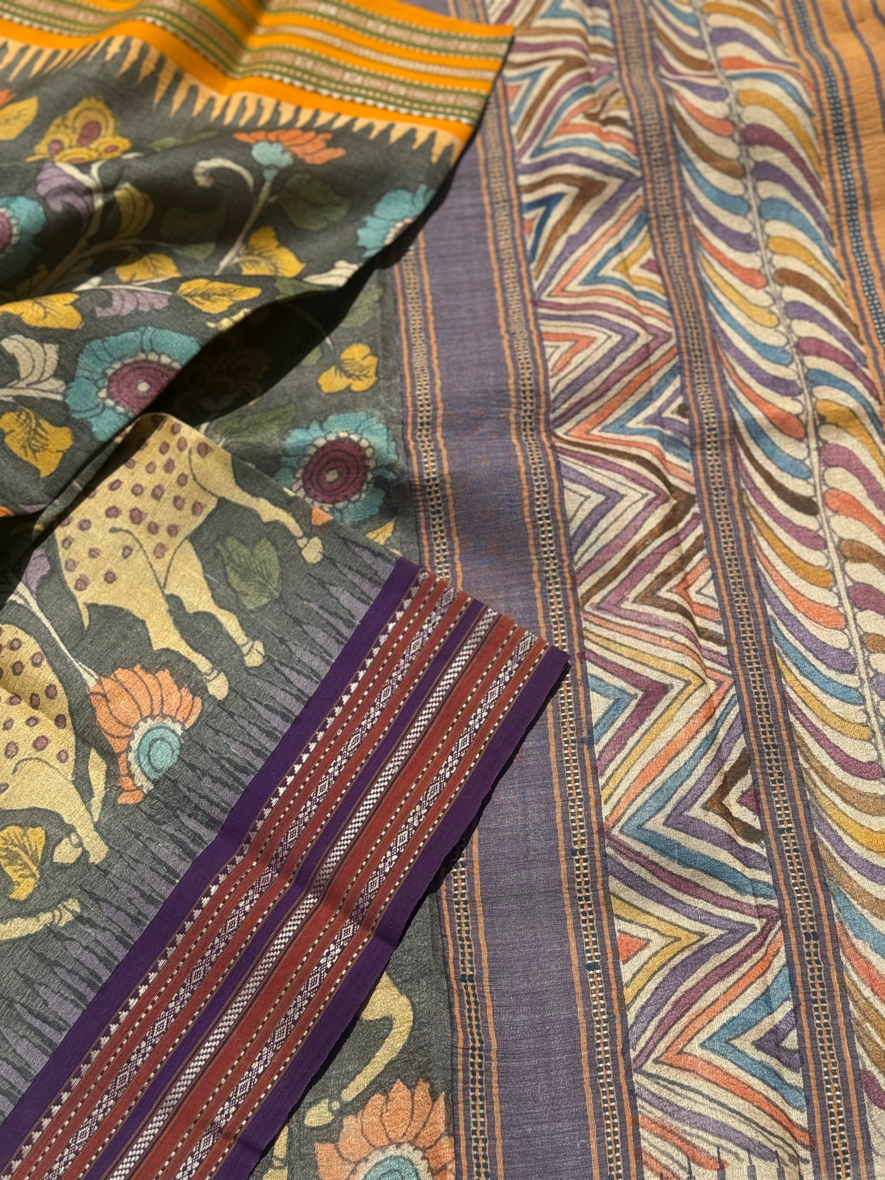 Handdrawn and Handpainted vidharbha TussarSilk Penkalamkari Saree
