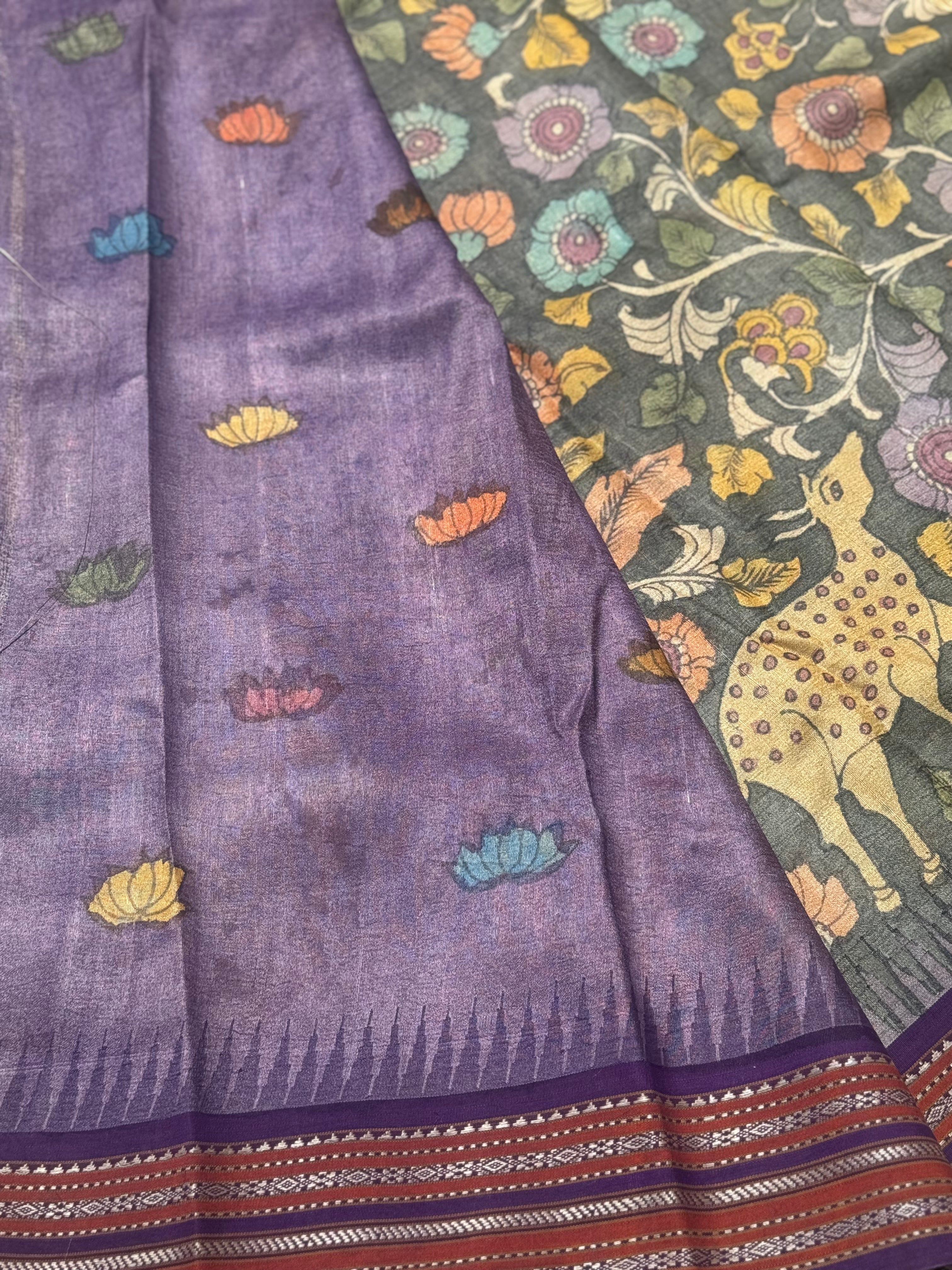 Handdrawn and Handpainted vidharbha TussarSilk Penkalamkari Saree
