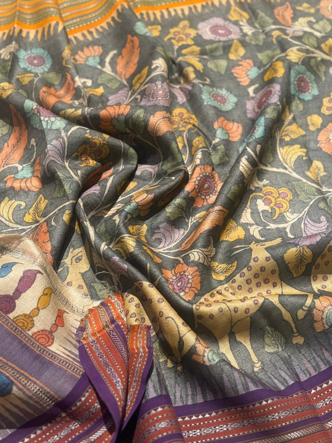 Handdrawn and Handpainted vidharbha TussarSilk Penkalamkari Saree