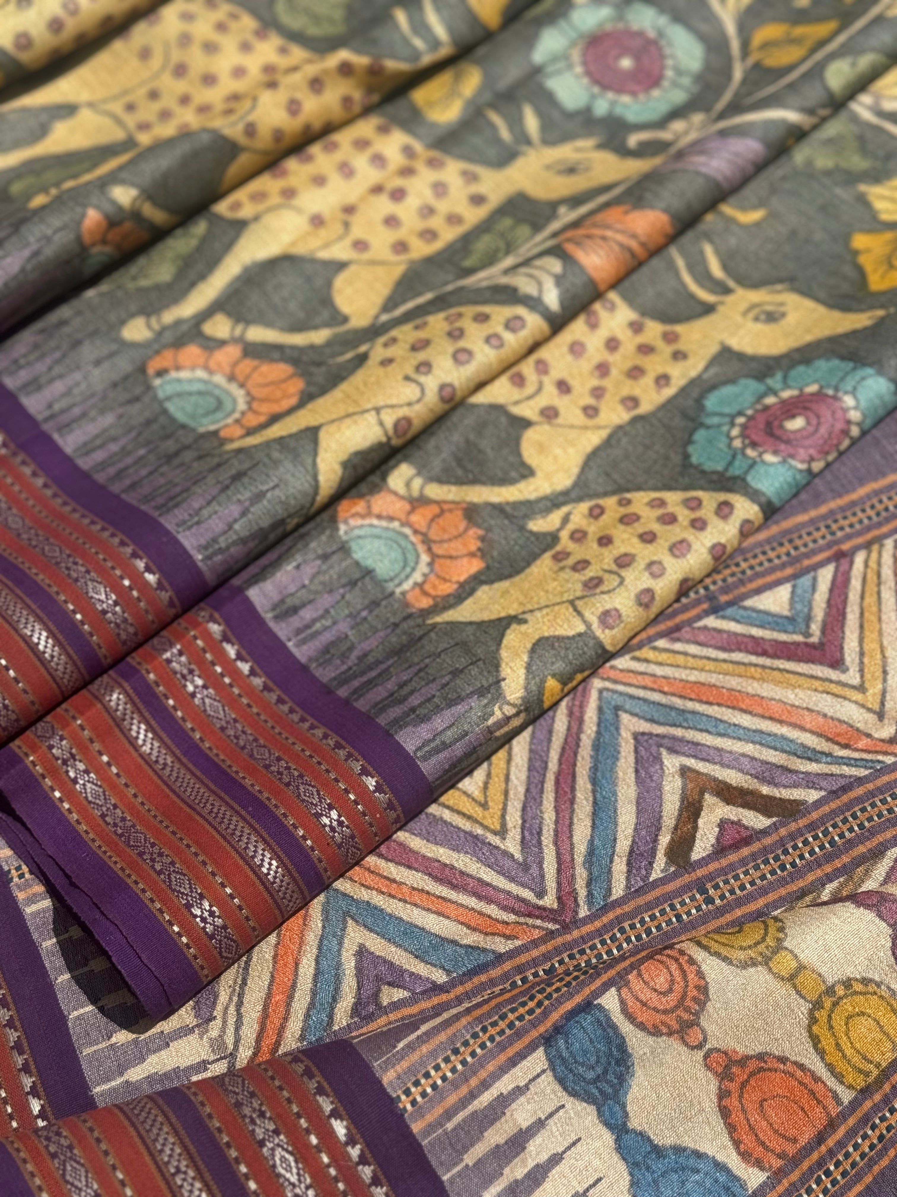Handdrawn and Handpainted vidharbha TussarSilk Penkalamkari Saree