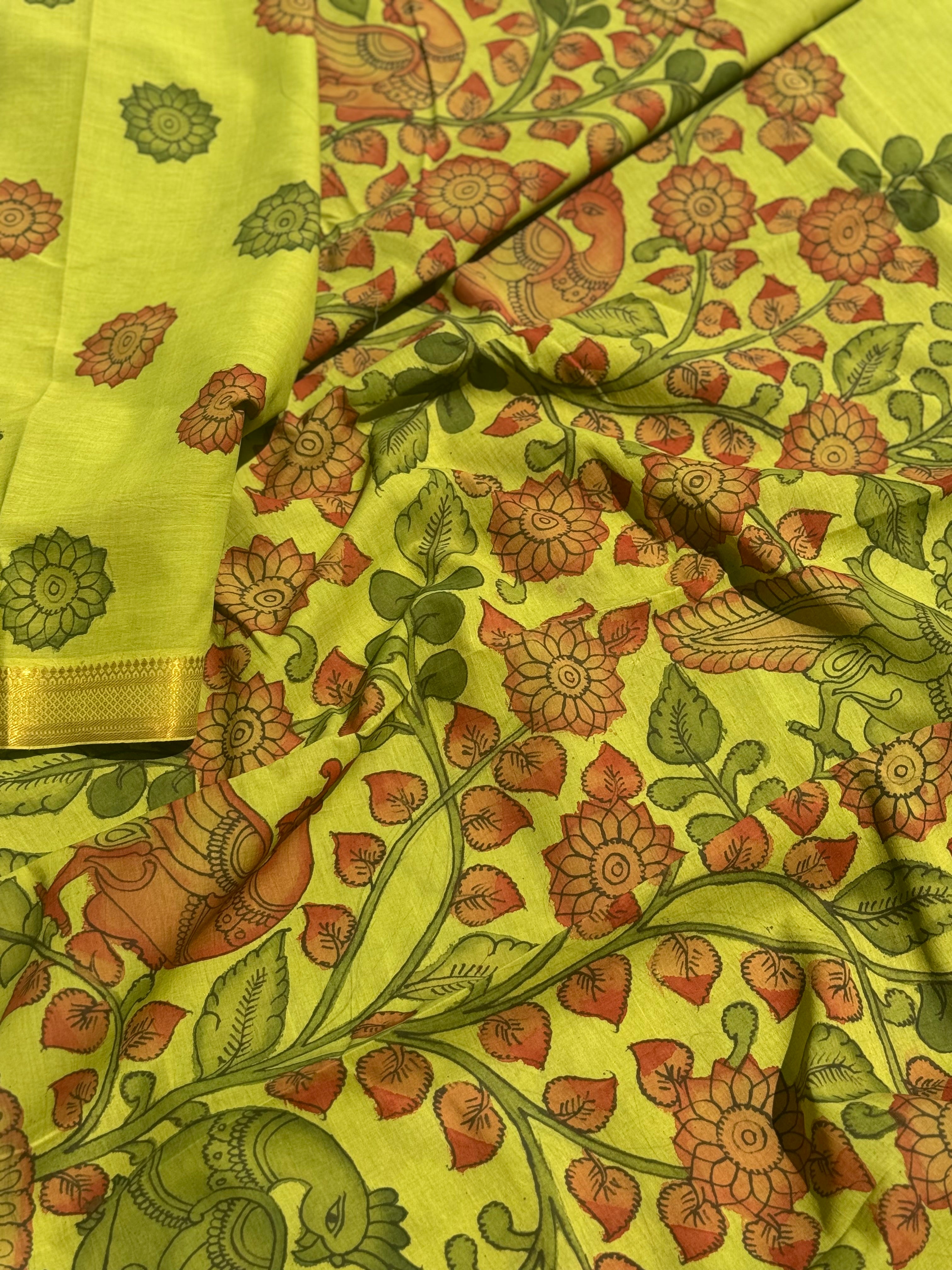 A subtle elegant mangalgiri cotton penkalamkari saree