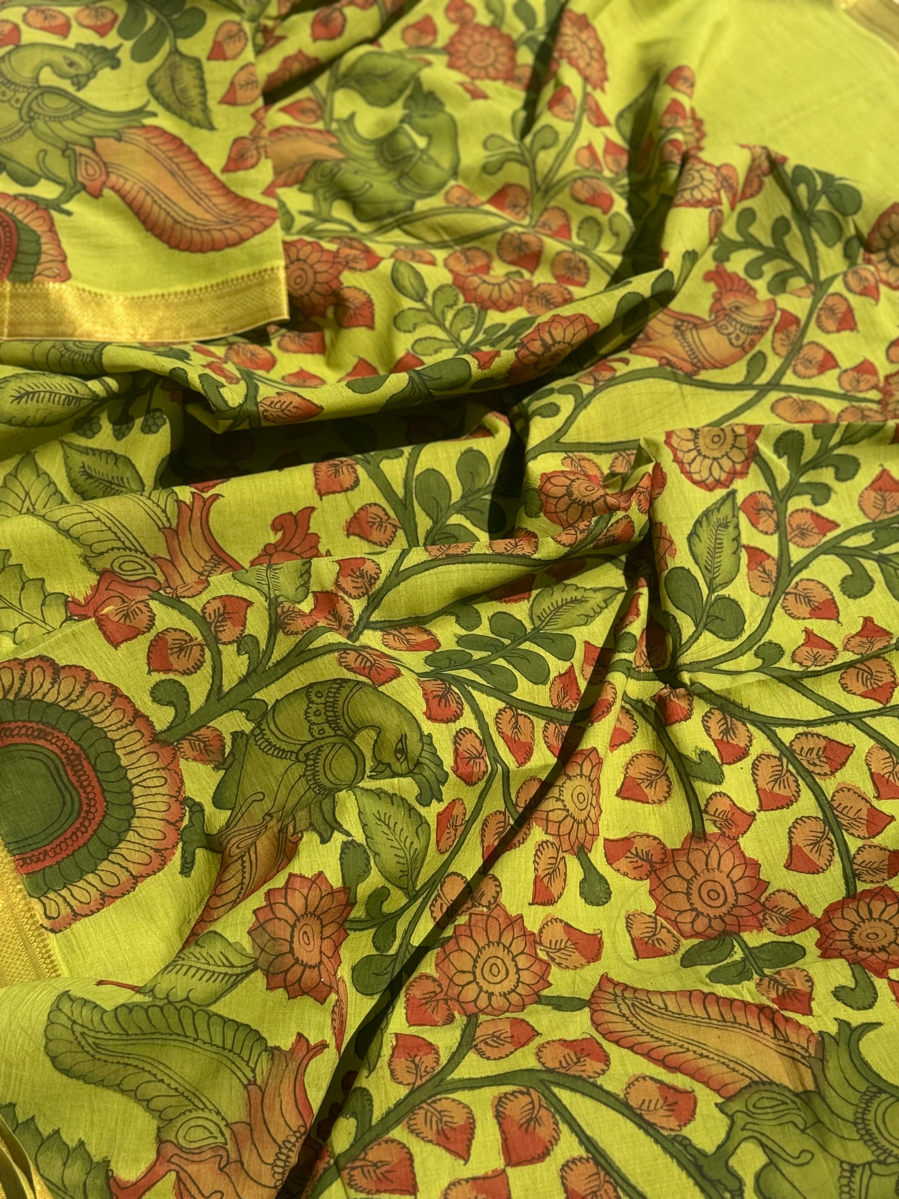 A subtle elegant mangalgiri cotton penkalamkari saree