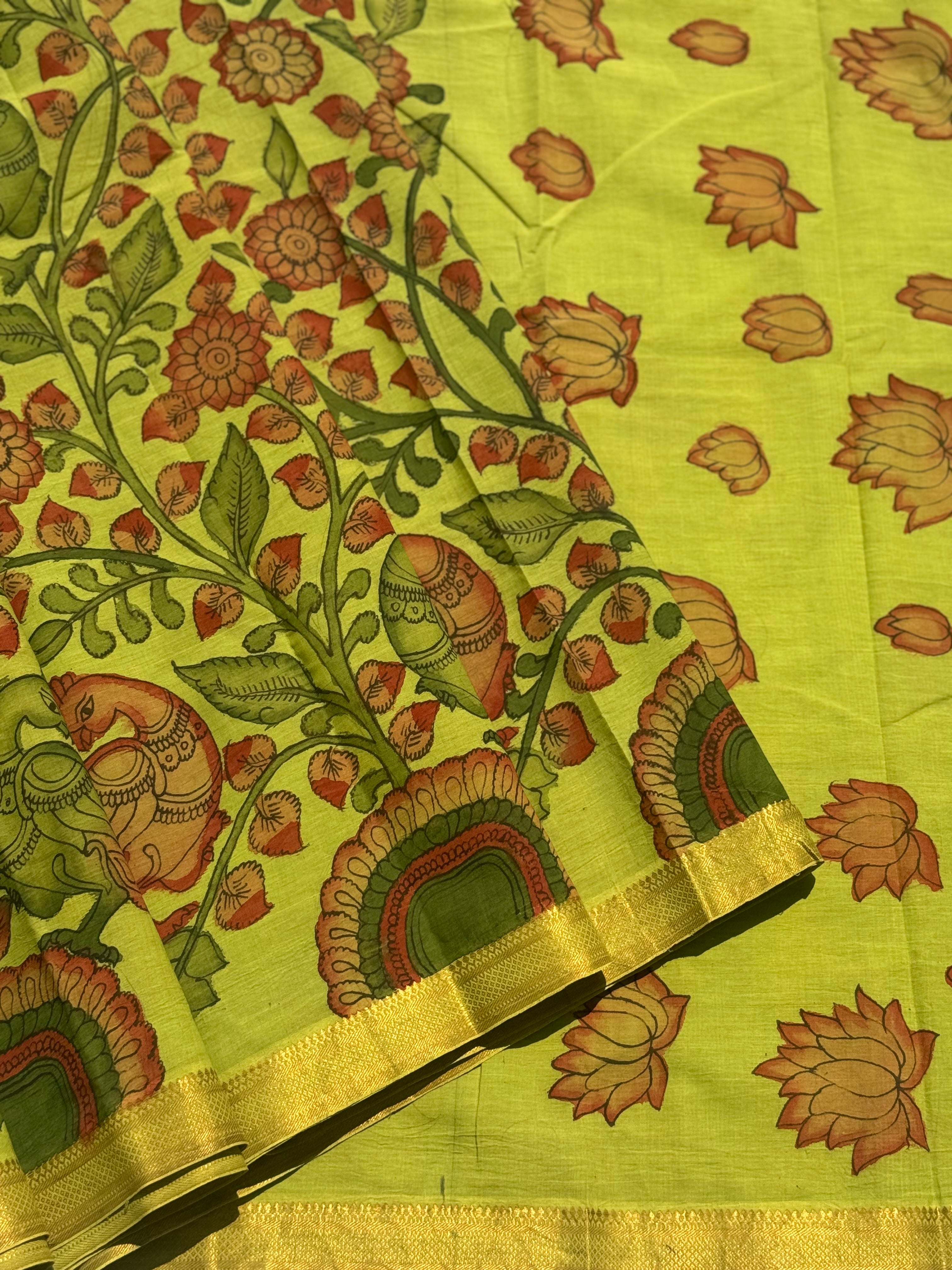 A subtle elegant mangalgiri cotton penkalamkari saree