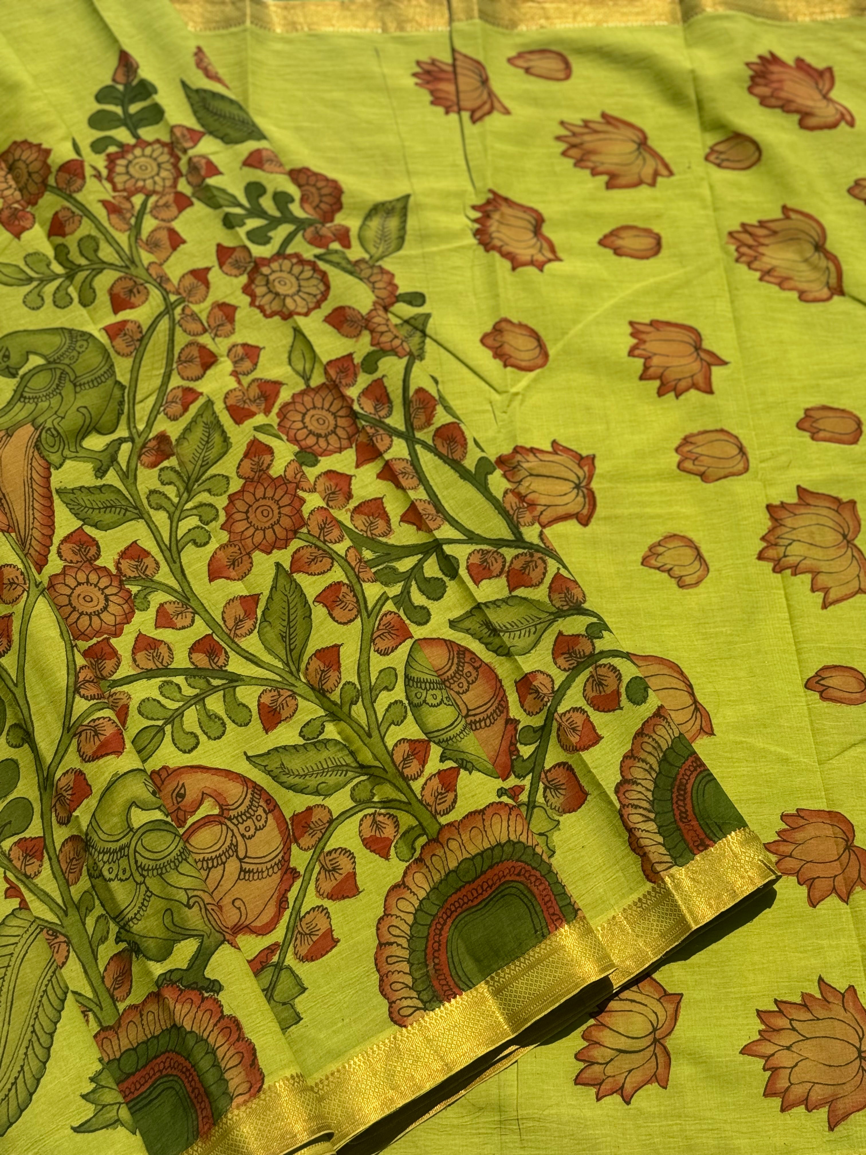 A subtle elegant mangalgiri cotton penkalamkari saree