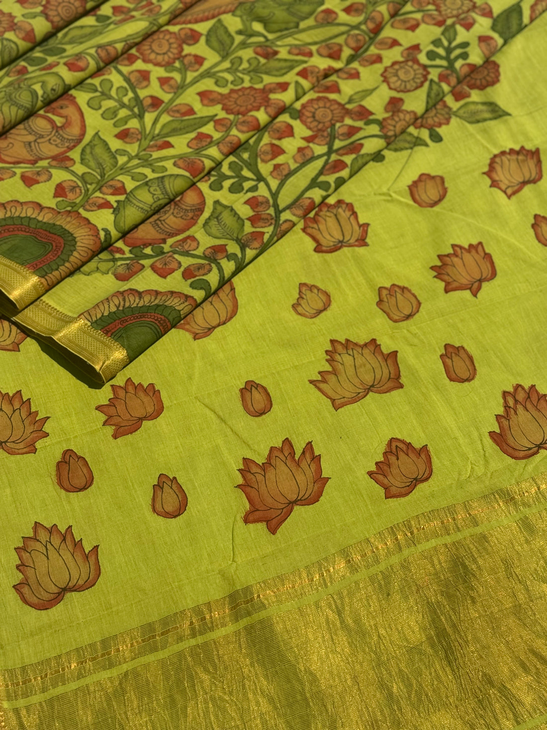 A subtle elegant mangalgiri cotton penkalamkari saree
