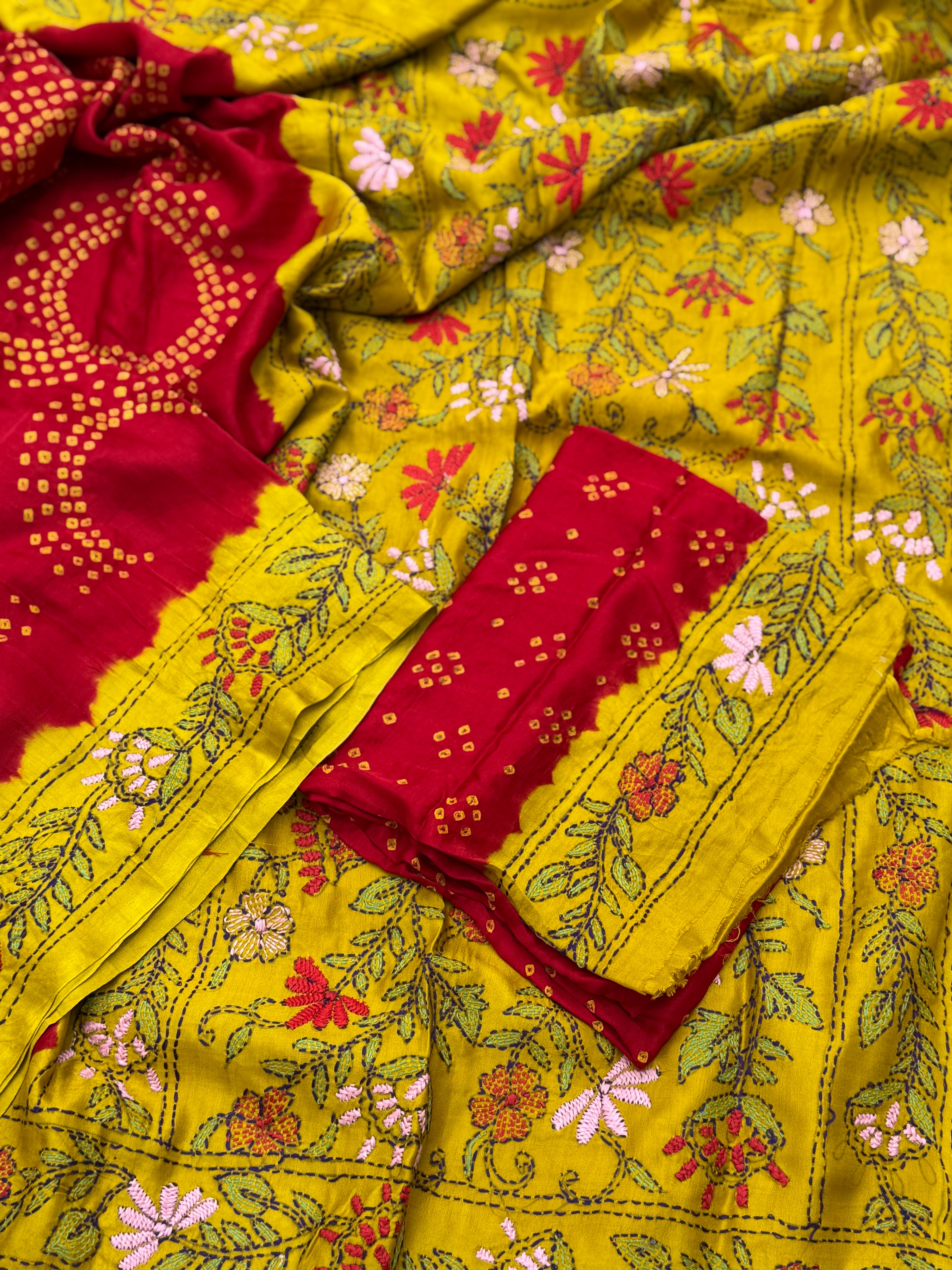 Handwoven Gajji silk with handknotted Bhandej and Katha hand embroidery work saree