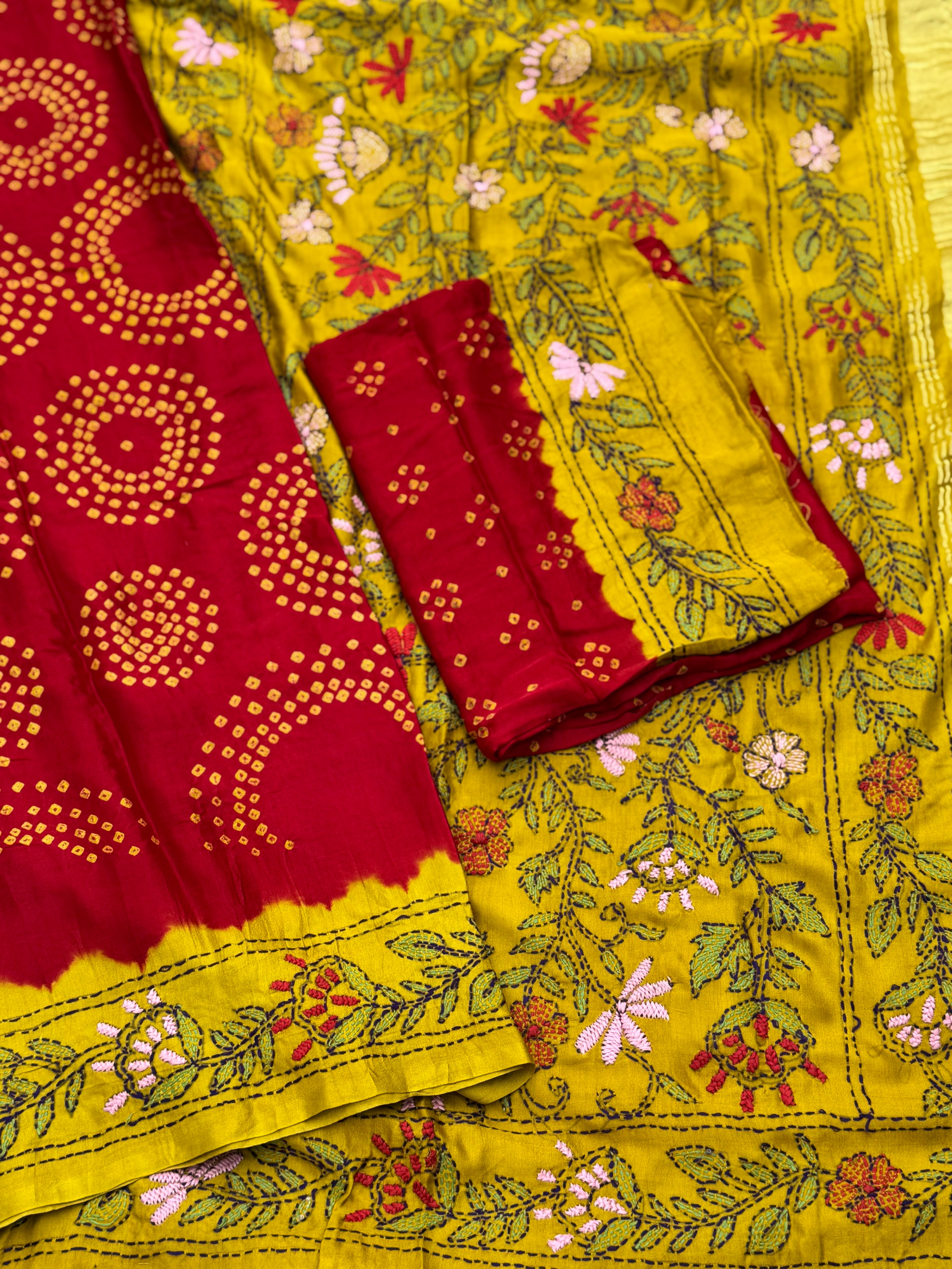 Handwoven Gajji silk with handknotted Bhandej and Katha hand embroidery work saree