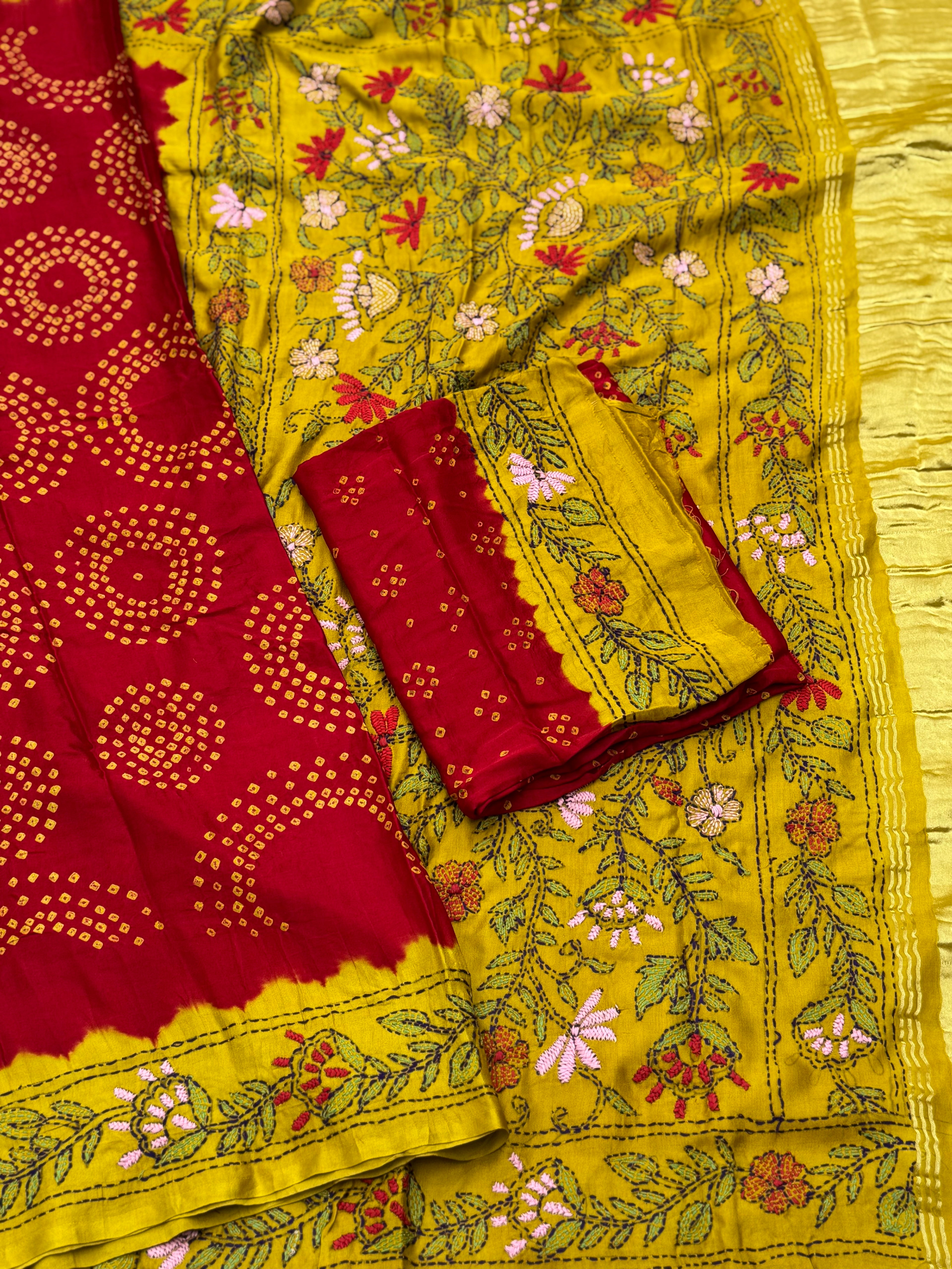 Handwoven Gajji silk with handknotted Bhandej and Katha hand embroidery work saree
