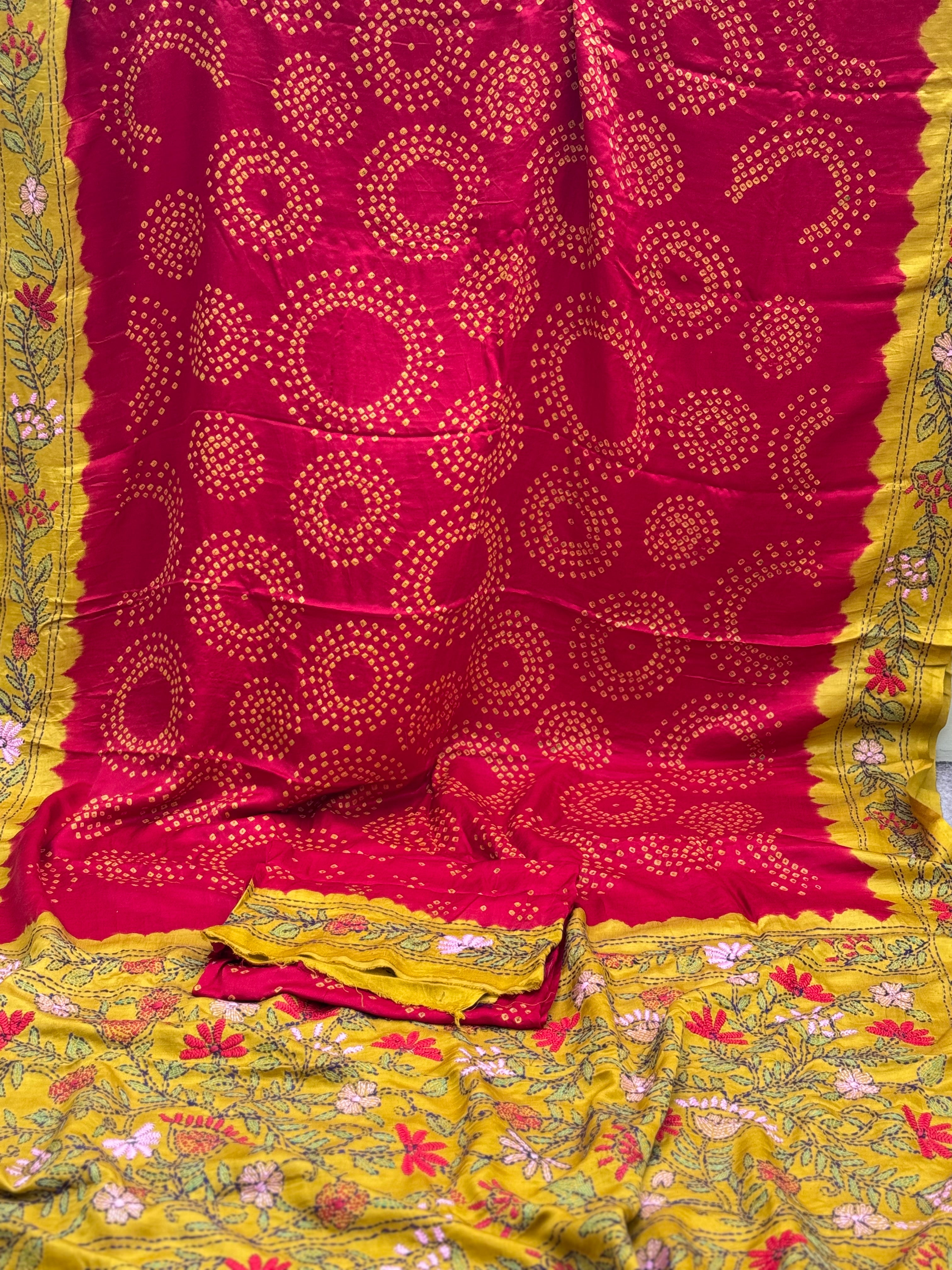 Handwoven Gajji silk with handknotted Bhandej and Katha hand embroidery work saree