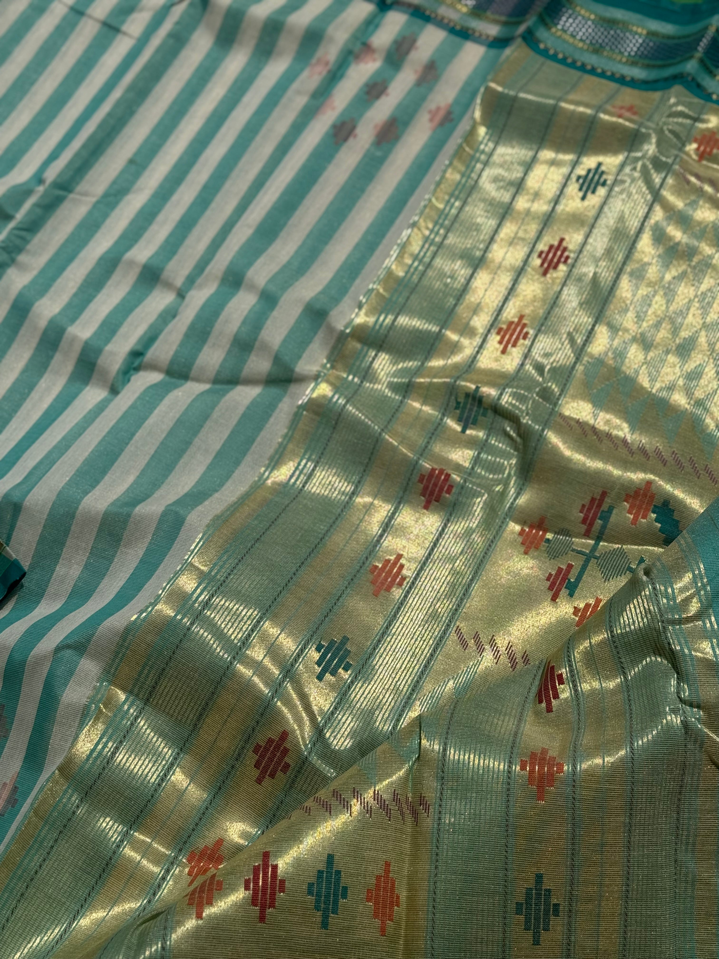 Turquoise Blue Paithani Cotton Saree With Zaristripes Body Tissue Paithani Pallu Kadiyal Border Saree