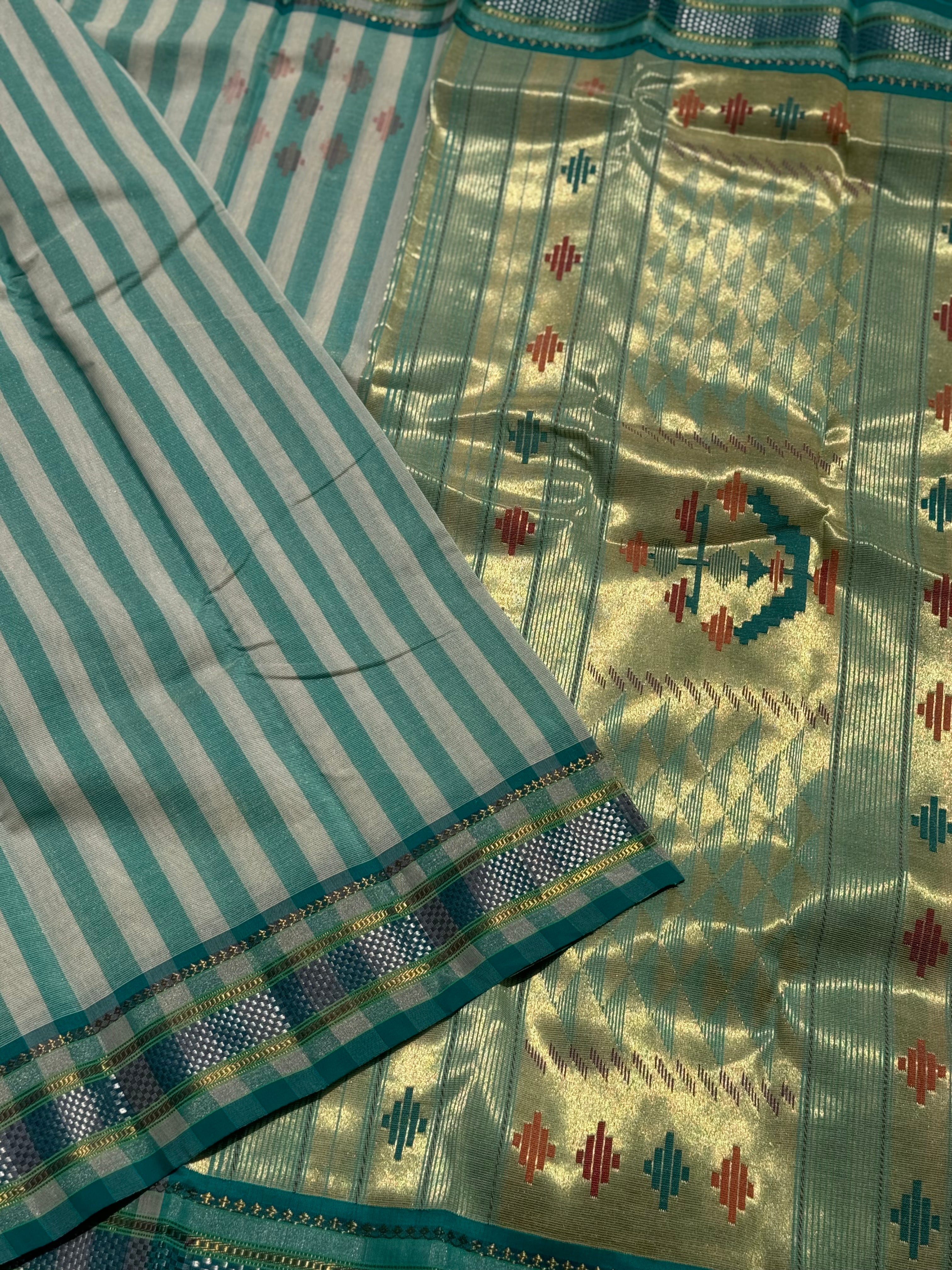 Turquoise Blue Paithani Cotton Saree With Zaristripes Body Tissue Paithani Pallu Kadiyal Border Saree