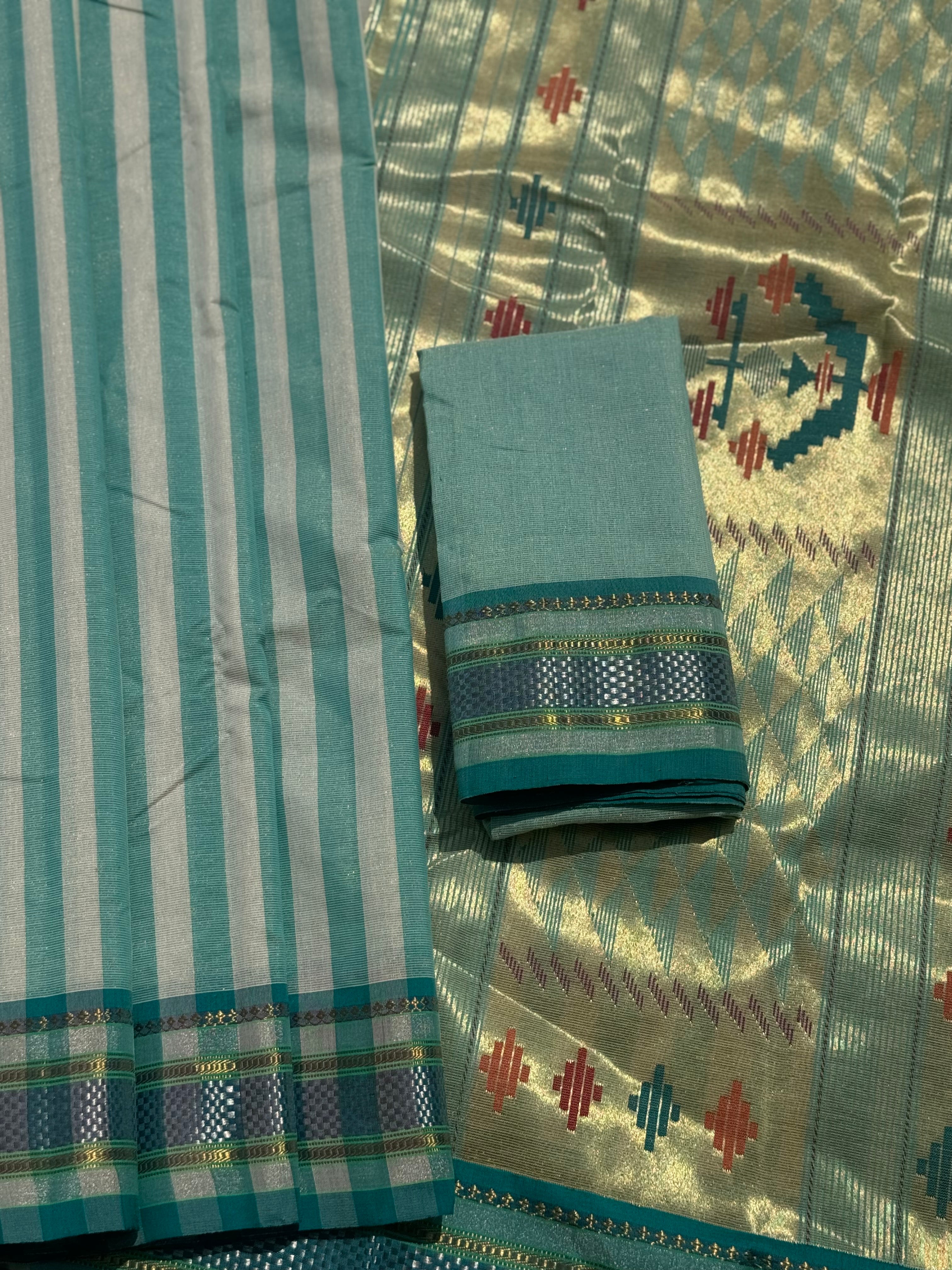 Turquoise Blue Paithani Cotton Saree With Zaristripes Body Tissue Paithani Pallu Kadiyal Border Saree