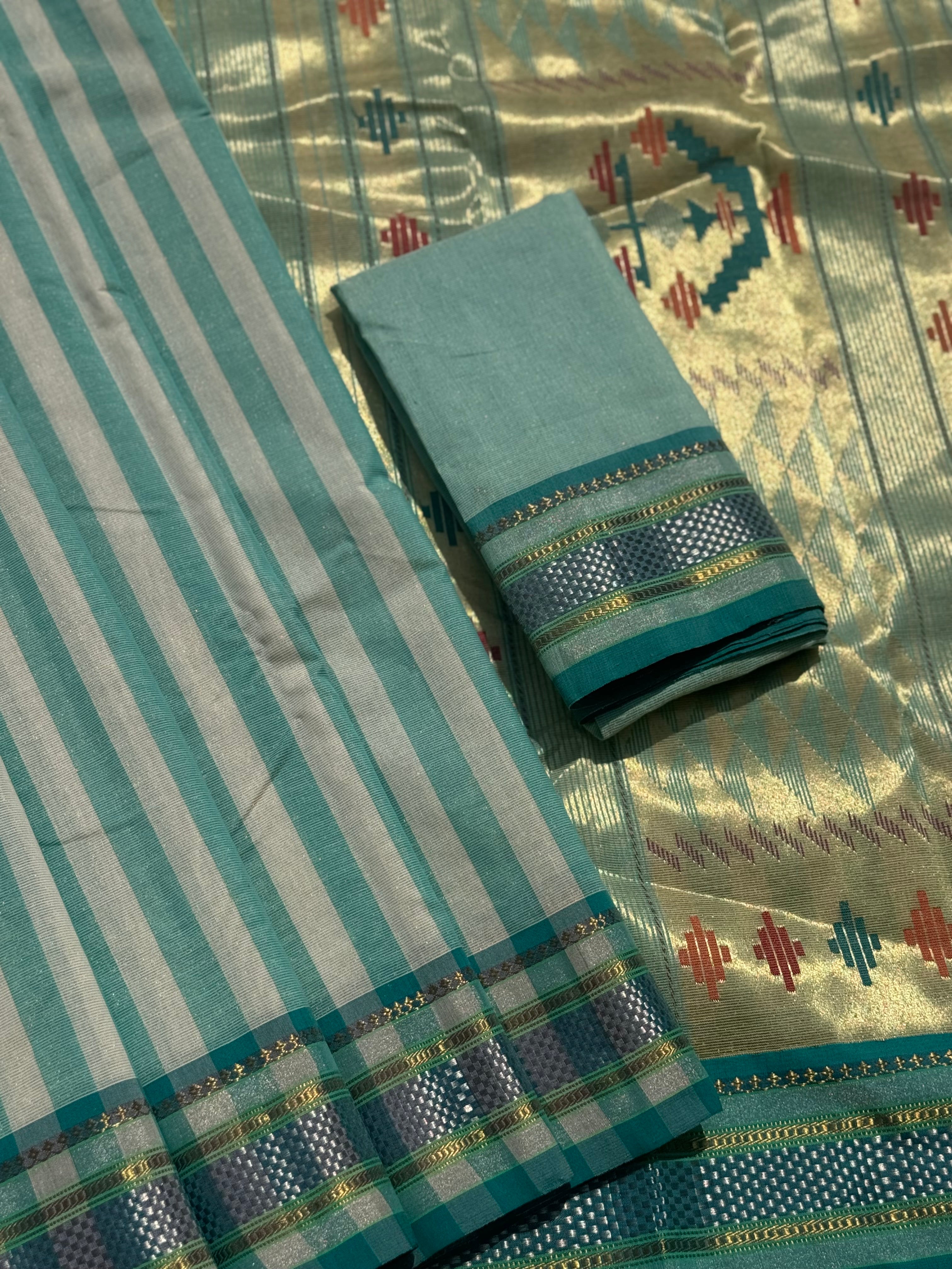 Turquoise Blue Paithani Cotton Saree With Zaristripes Body Tissue Paithani Pallu Kadiyal Border Saree