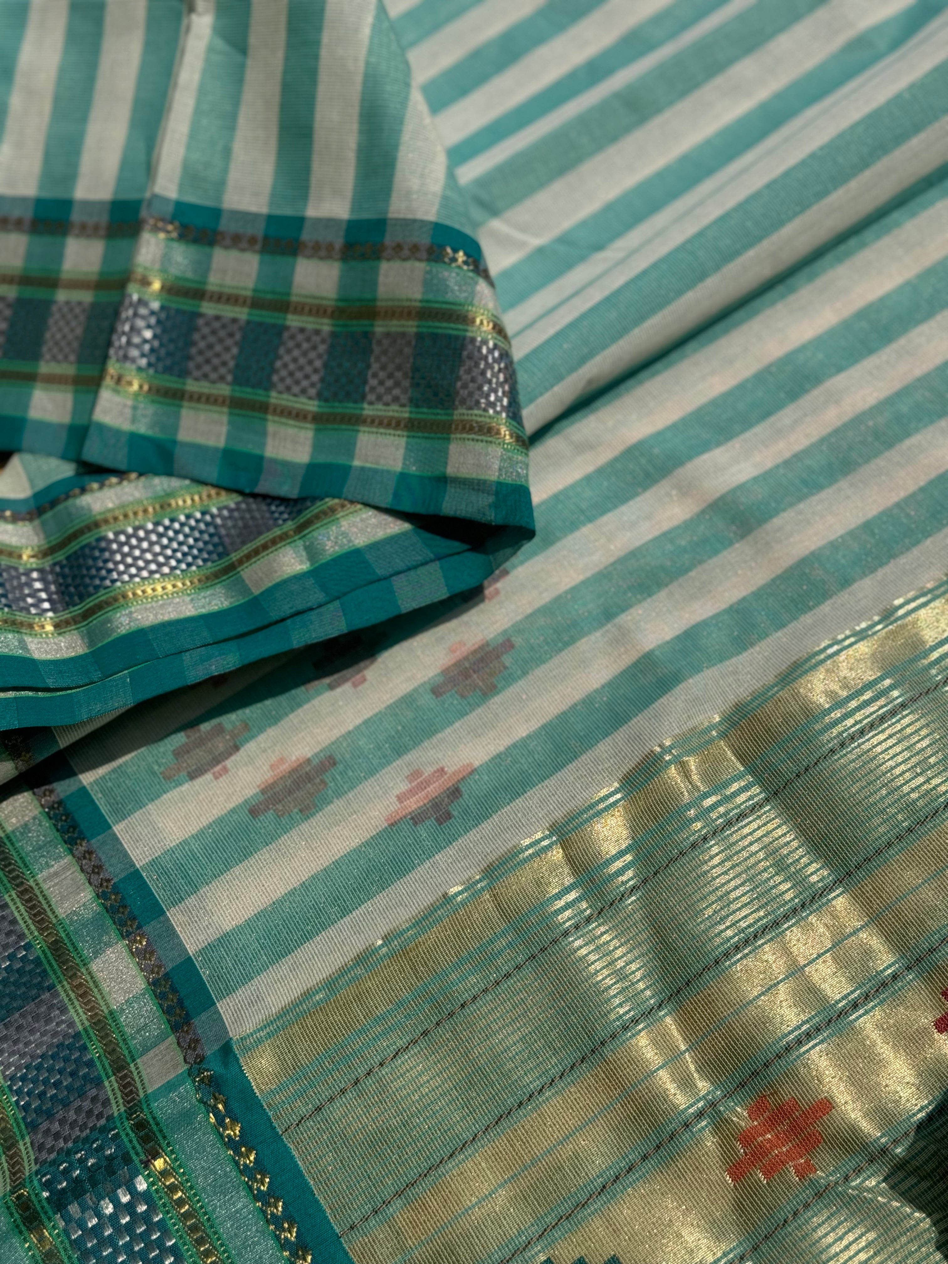 Turquoise Blue Paithani Cotton Saree With Zaristripes Body Tissue Paithani Pallu Kadiyal Border Saree