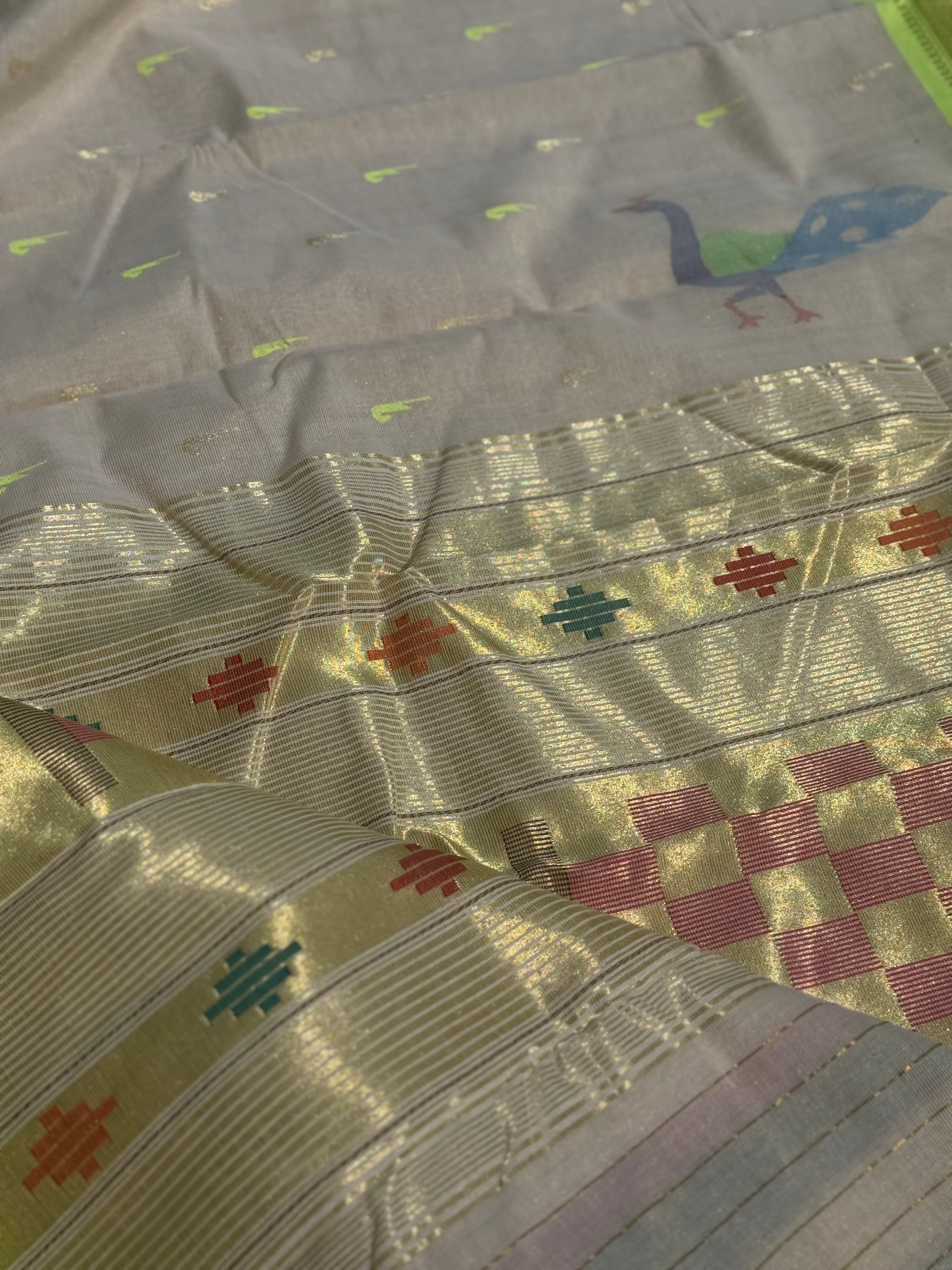 Limegreen with offwhite Paithani Cotton Saree With Zaristripes Body Tissue Paithani Pallu kadiyal Border Saree