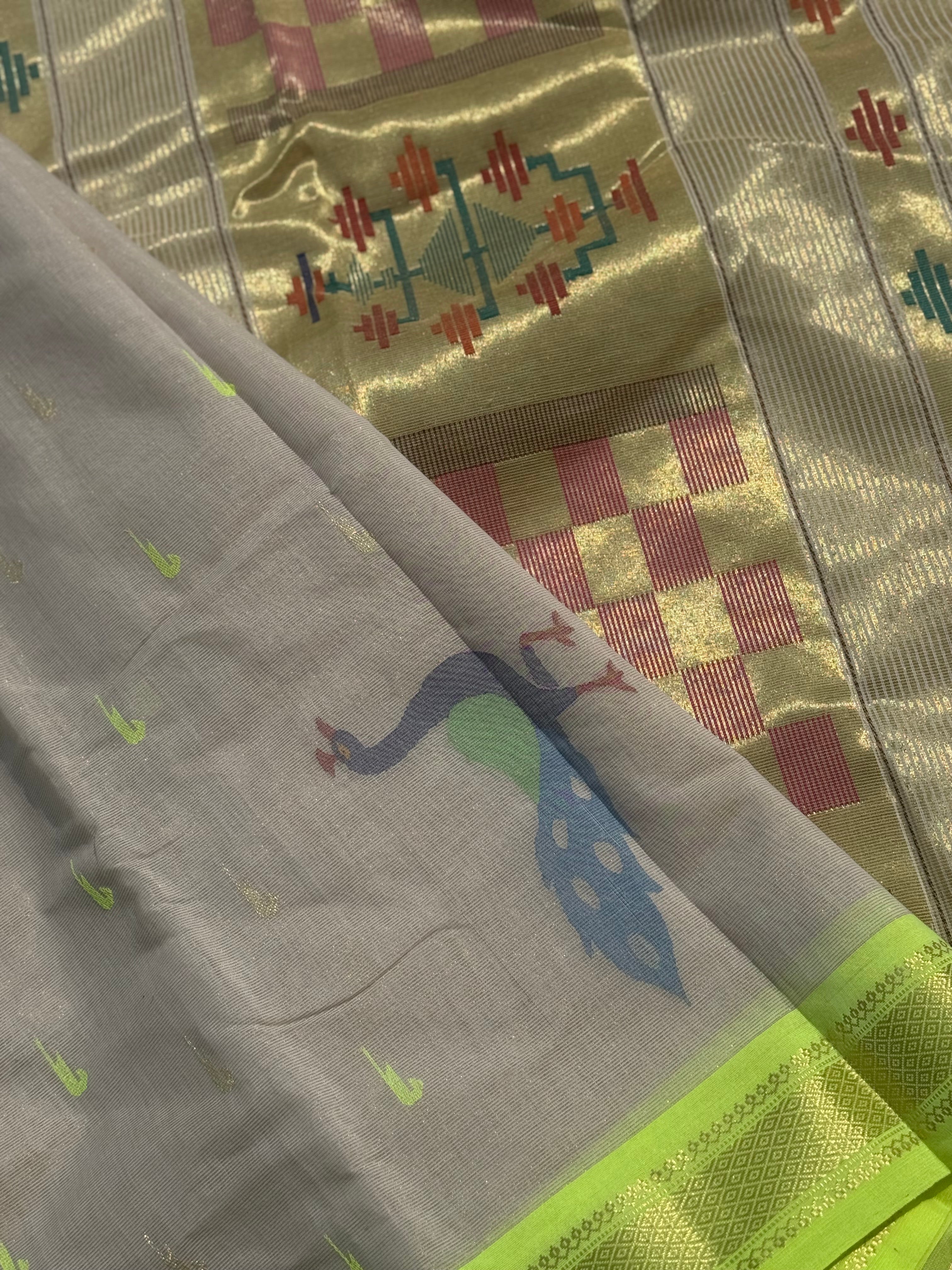 Limegreen with offwhite Paithani Cotton Saree With Zaristripes Body Tissue Paithani Pallu kadiyal Border Saree