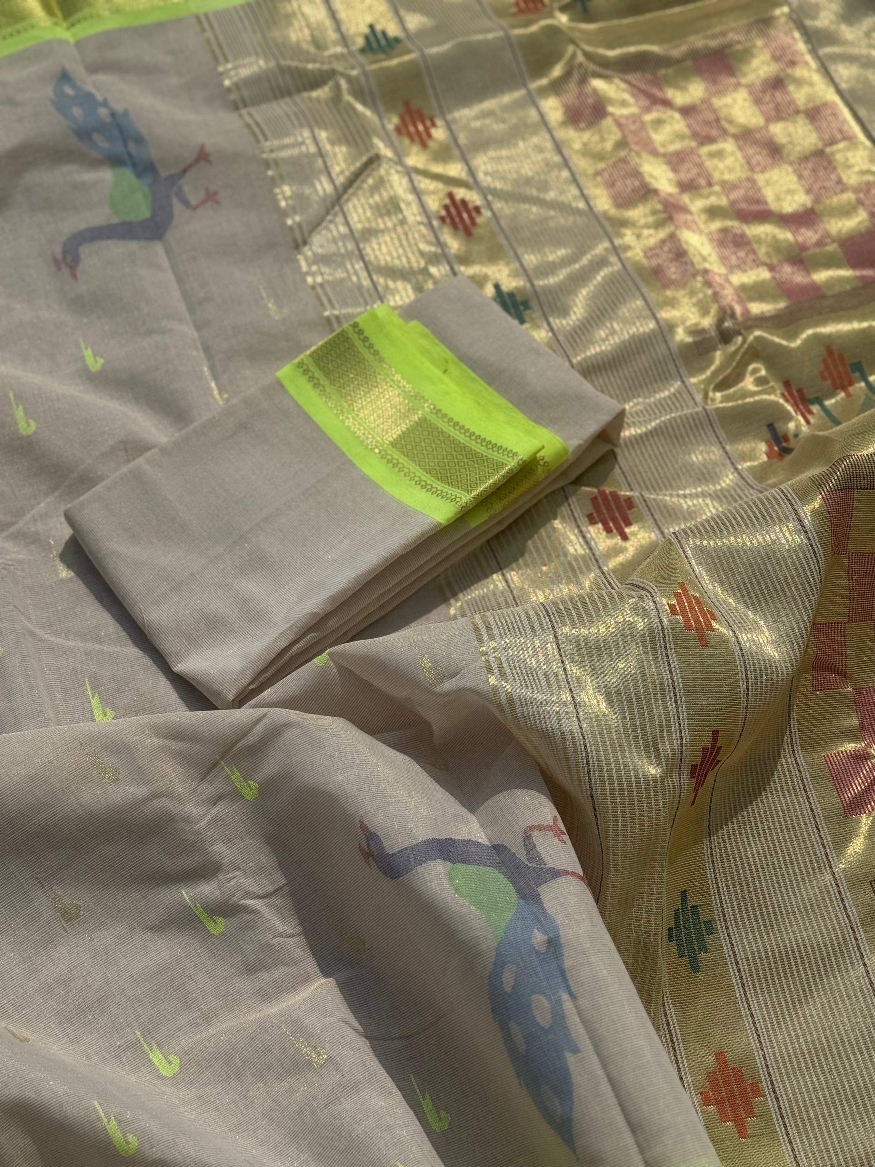 Limegreen with offwhite Paithani Cotton Saree With Zaristripes Body Tissue Paithani Pallu kadiyal Border Saree