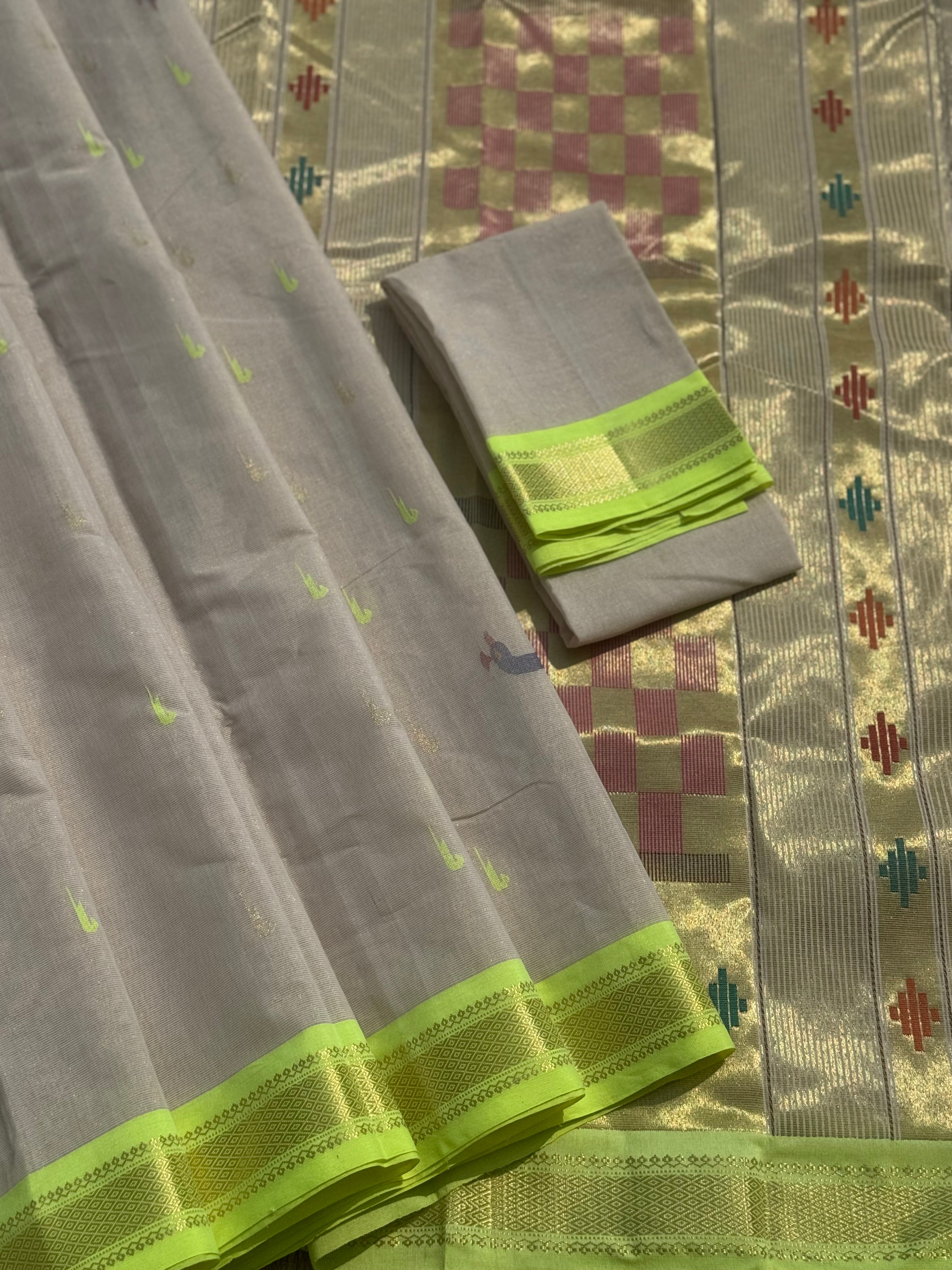 Limegreen with offwhite Paithani Cotton Saree With Zaristripes Body Tissue Paithani Pallu kadiyal Border Saree